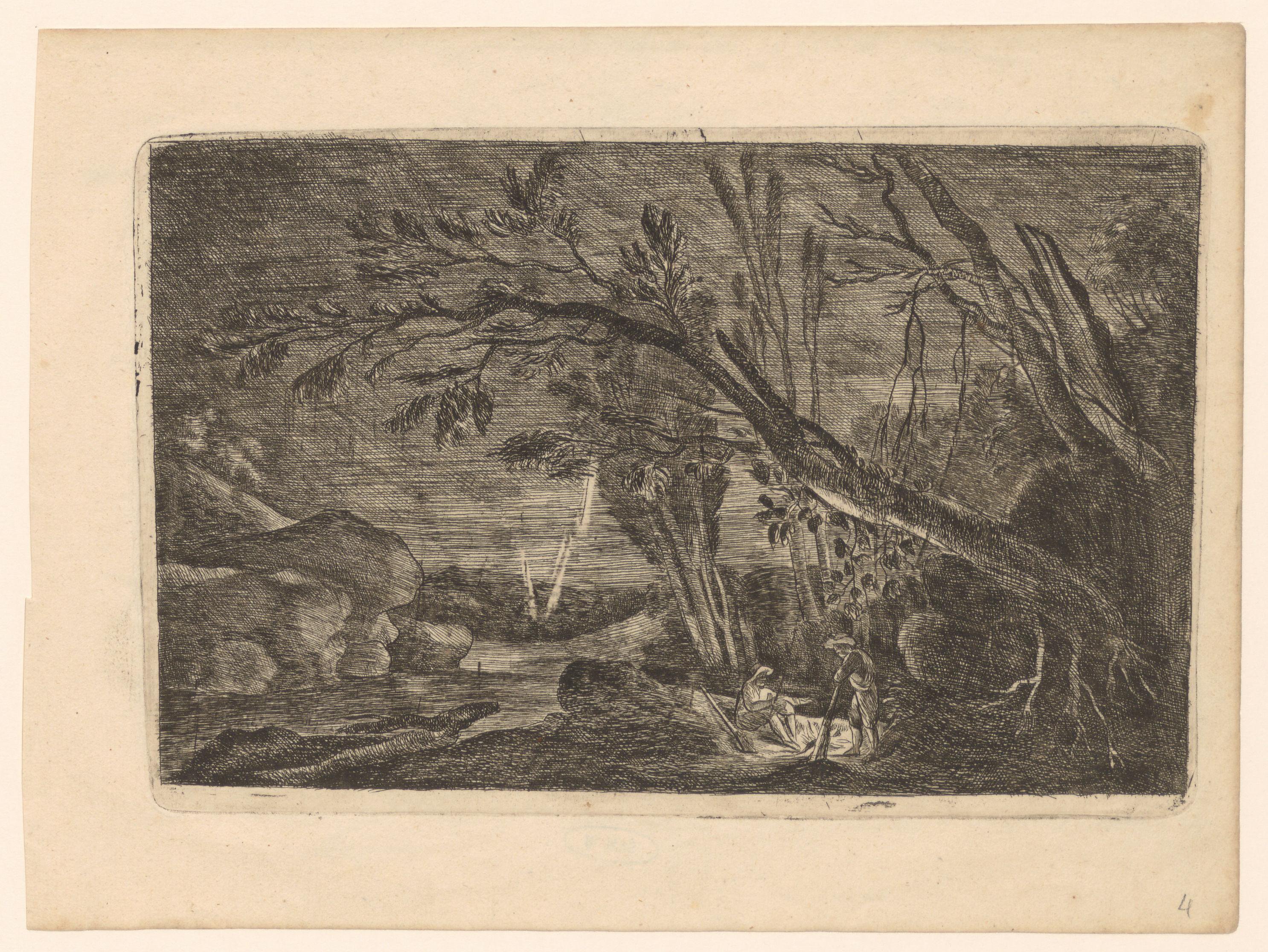 Twee mannen met geweren zitten bij een vuur, in een landschap bij nacht