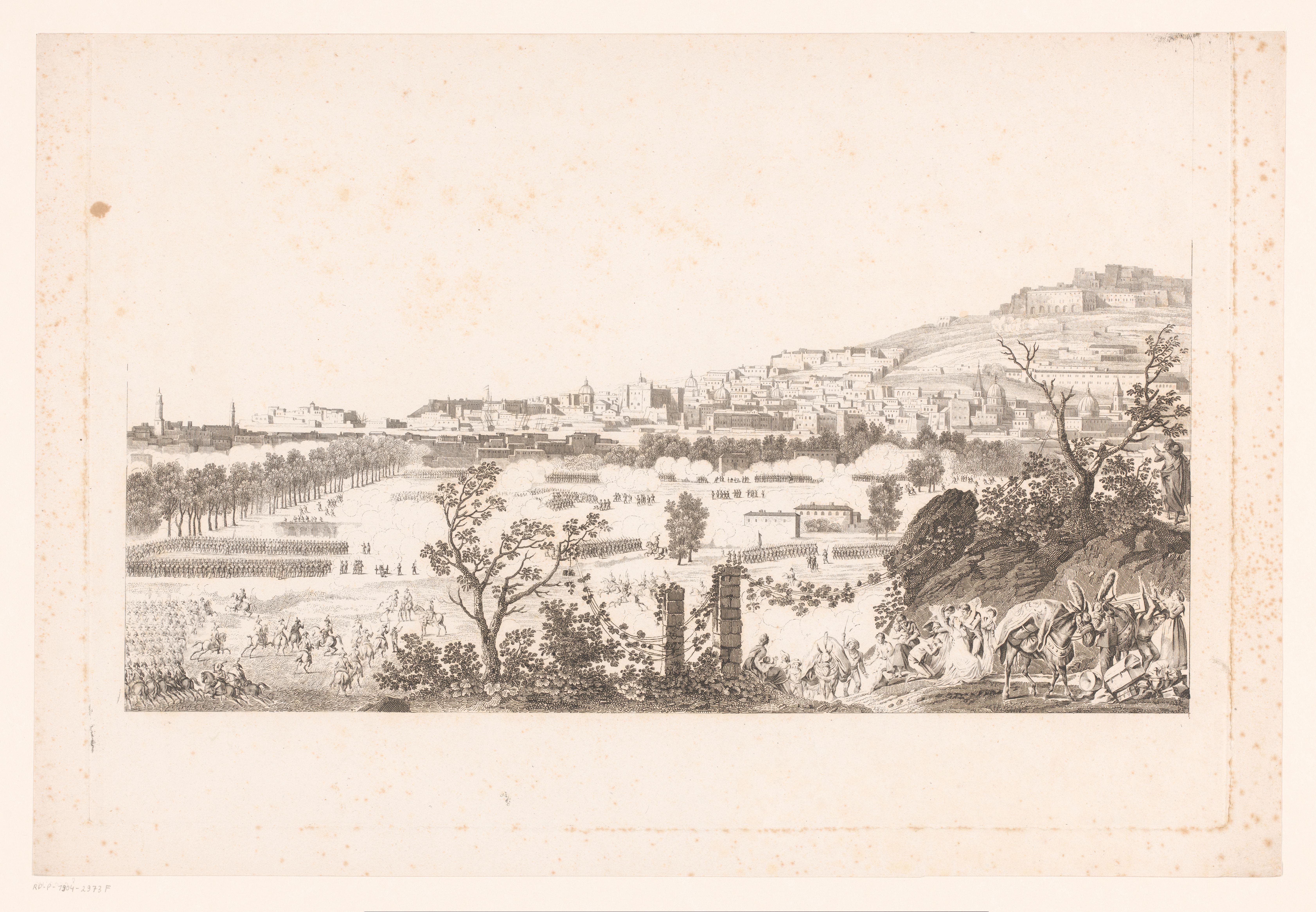 Landschap met veldslag en vluchtende inwoners