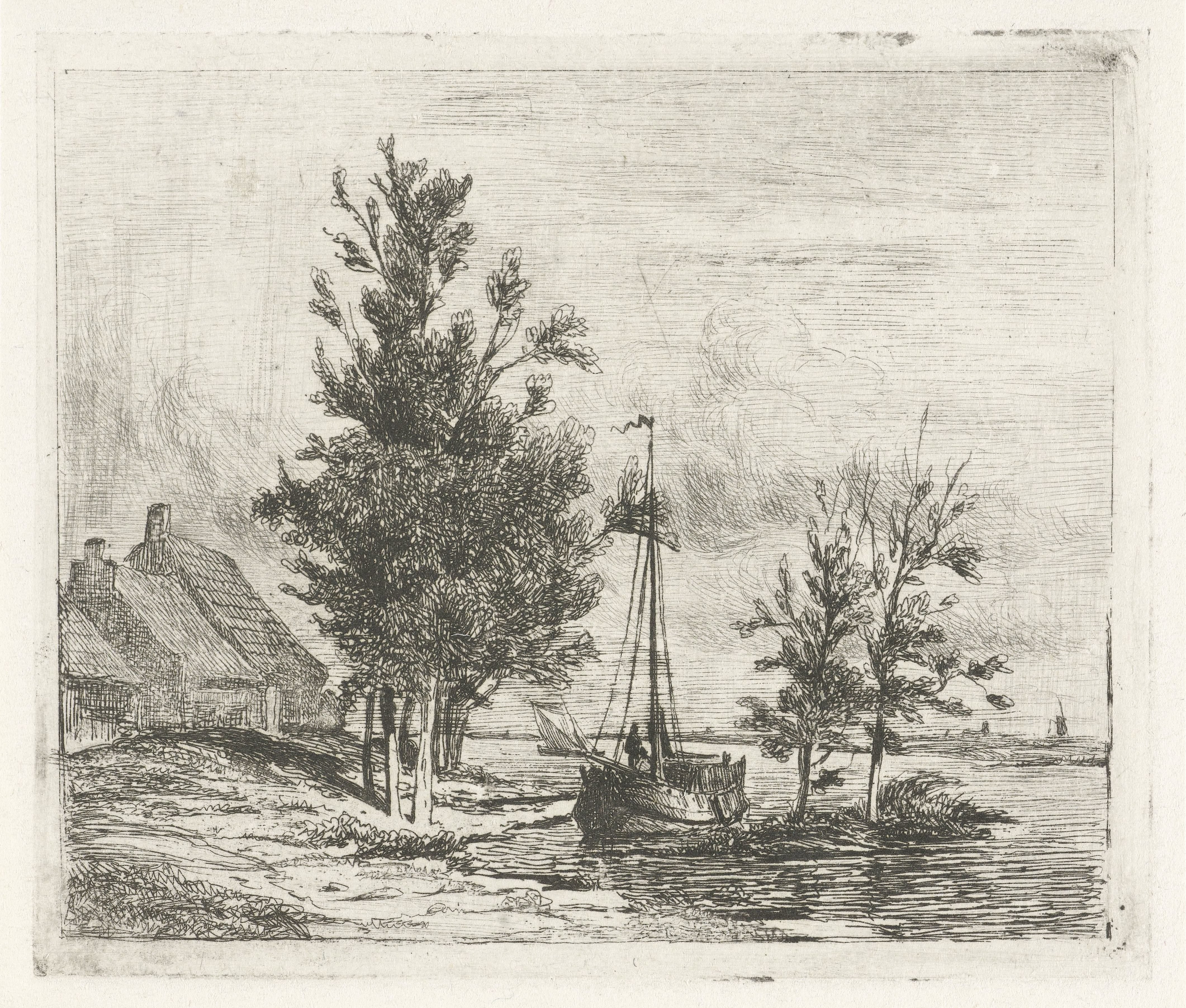 Rivierlandschap met zeilschip en boerderij