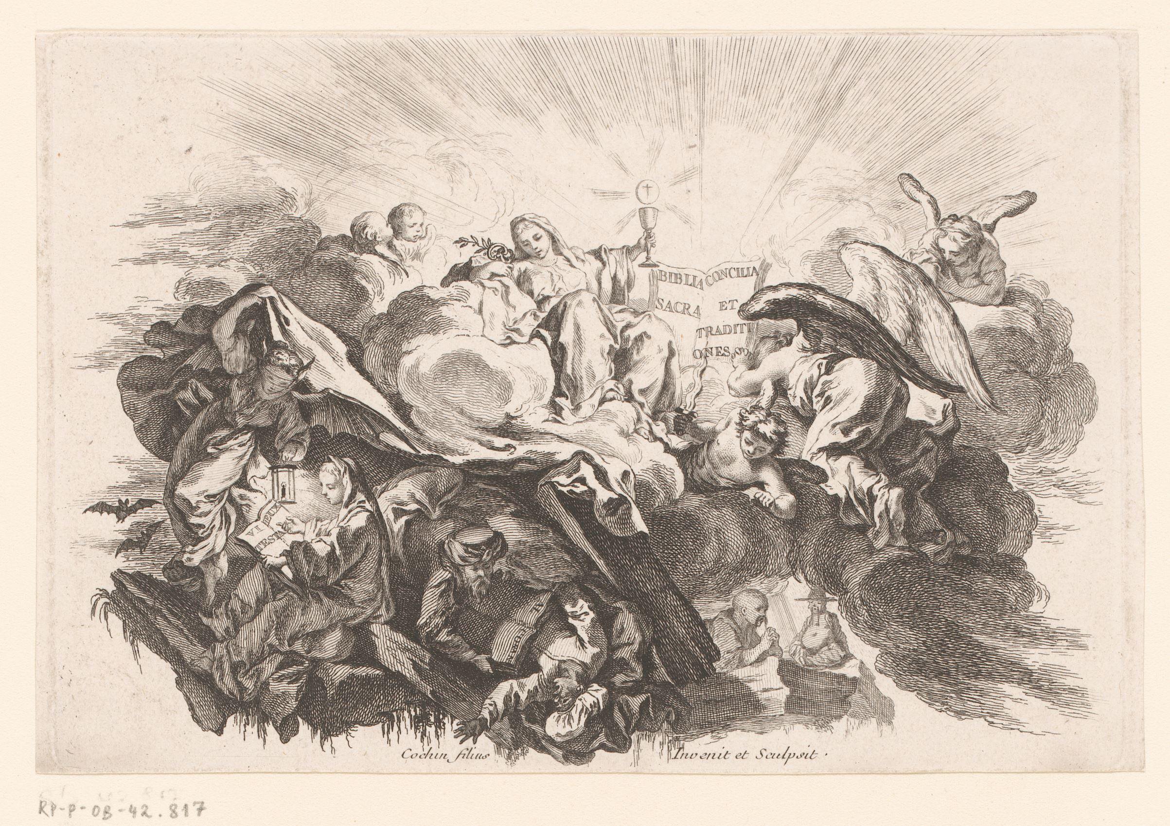 Religieuze voorstelling met figuren in wolken