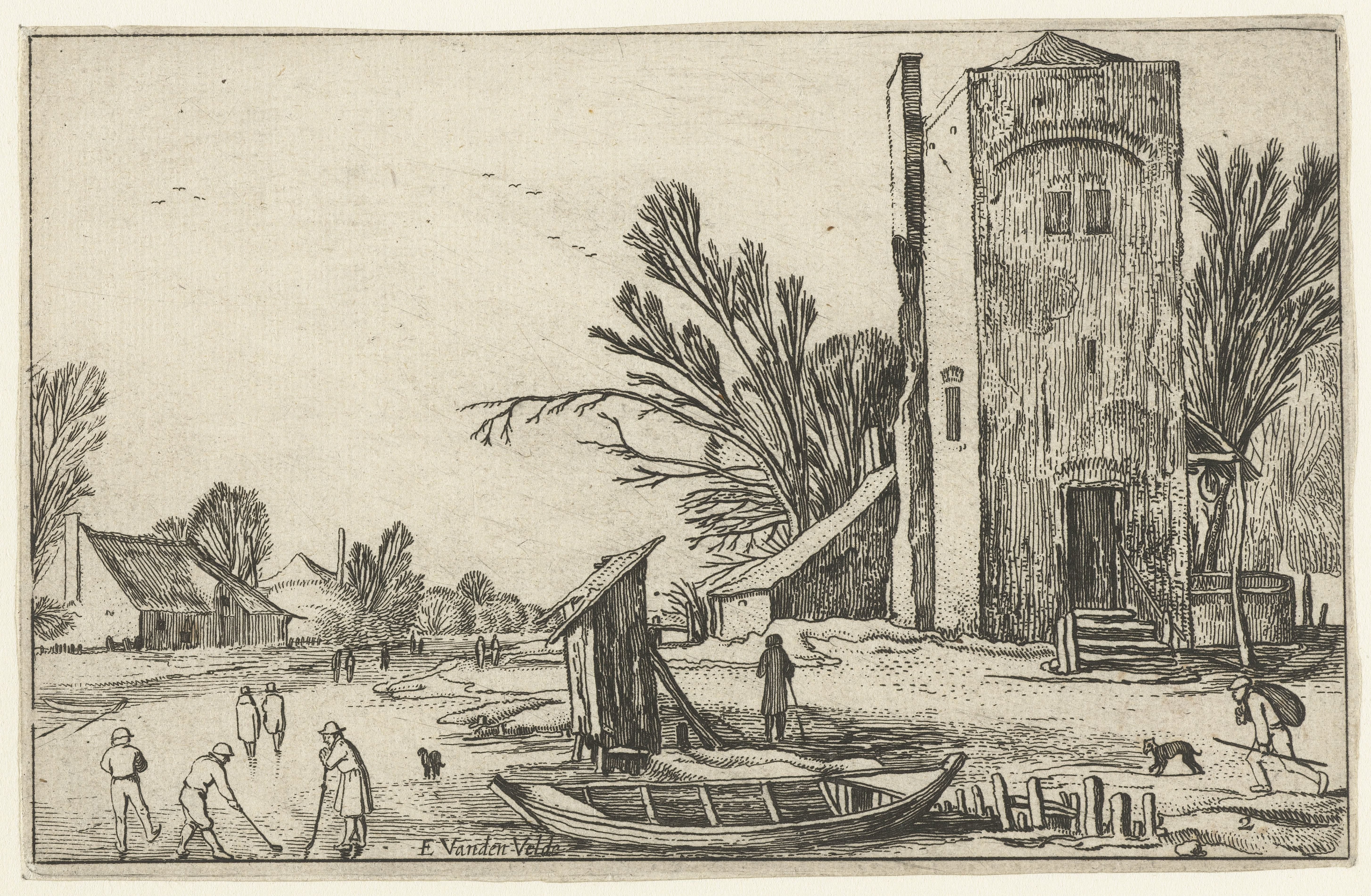 Vierkante toren bij een bevroren rivier met kolfspelers