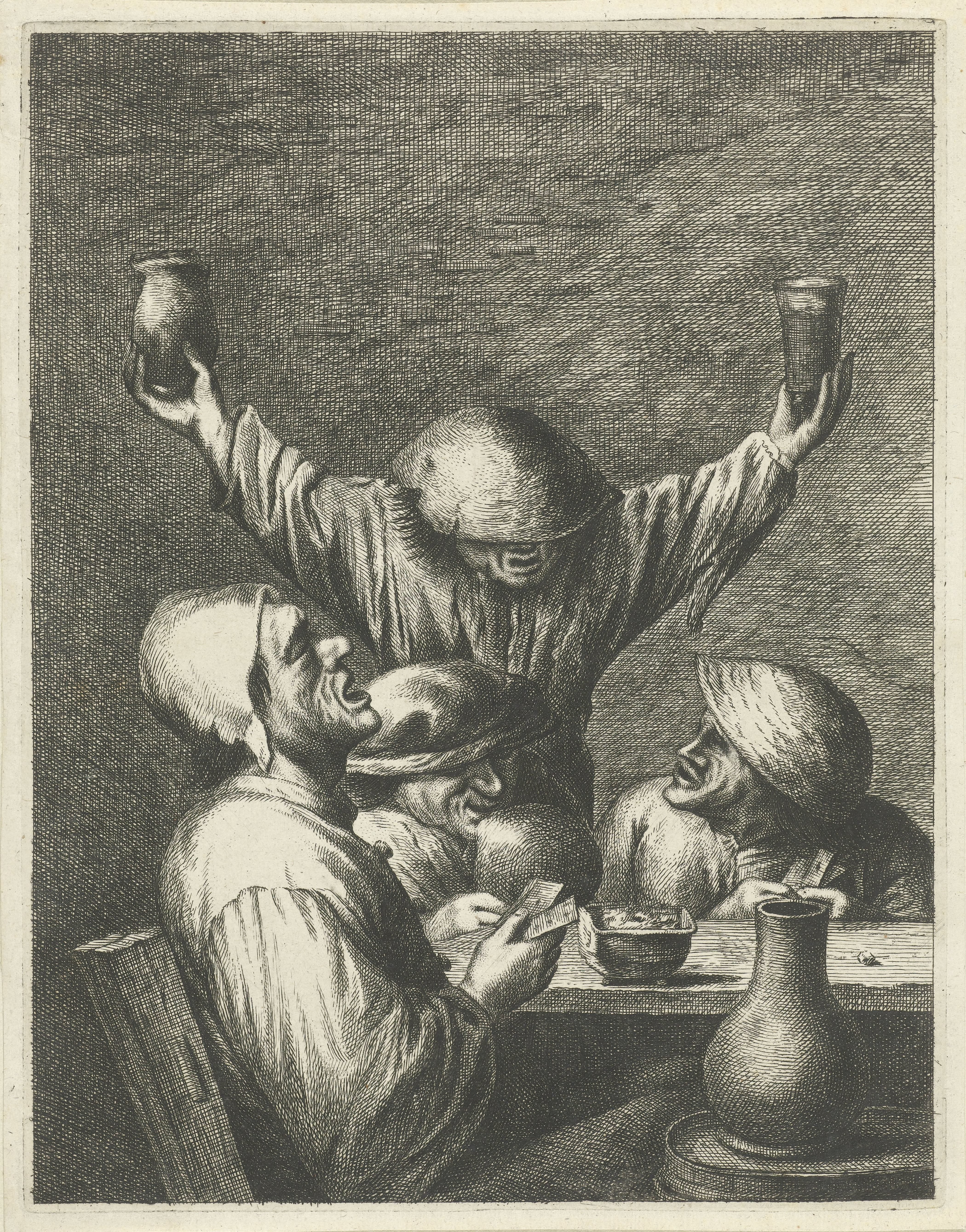 Herberginterieur met boeren