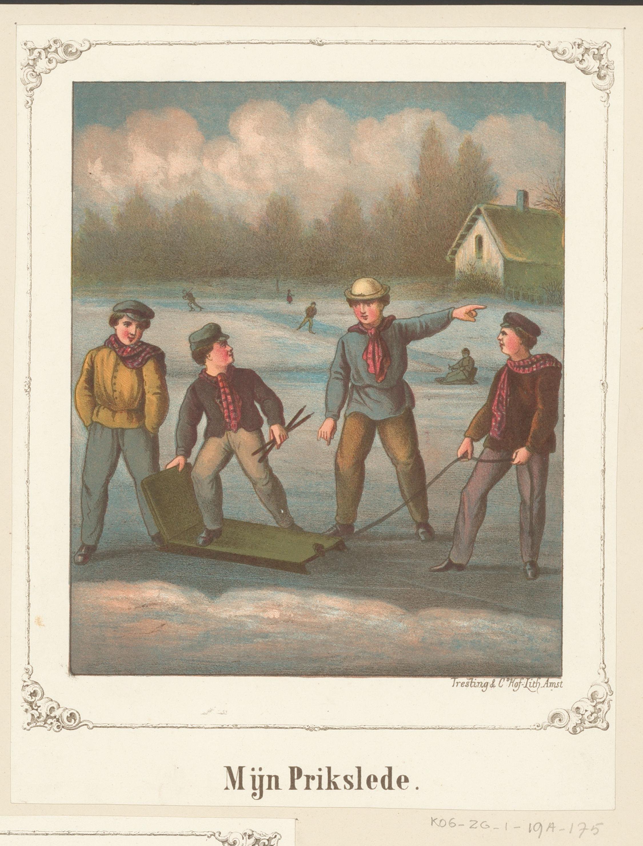 Vier jongens spelen met een prikslee