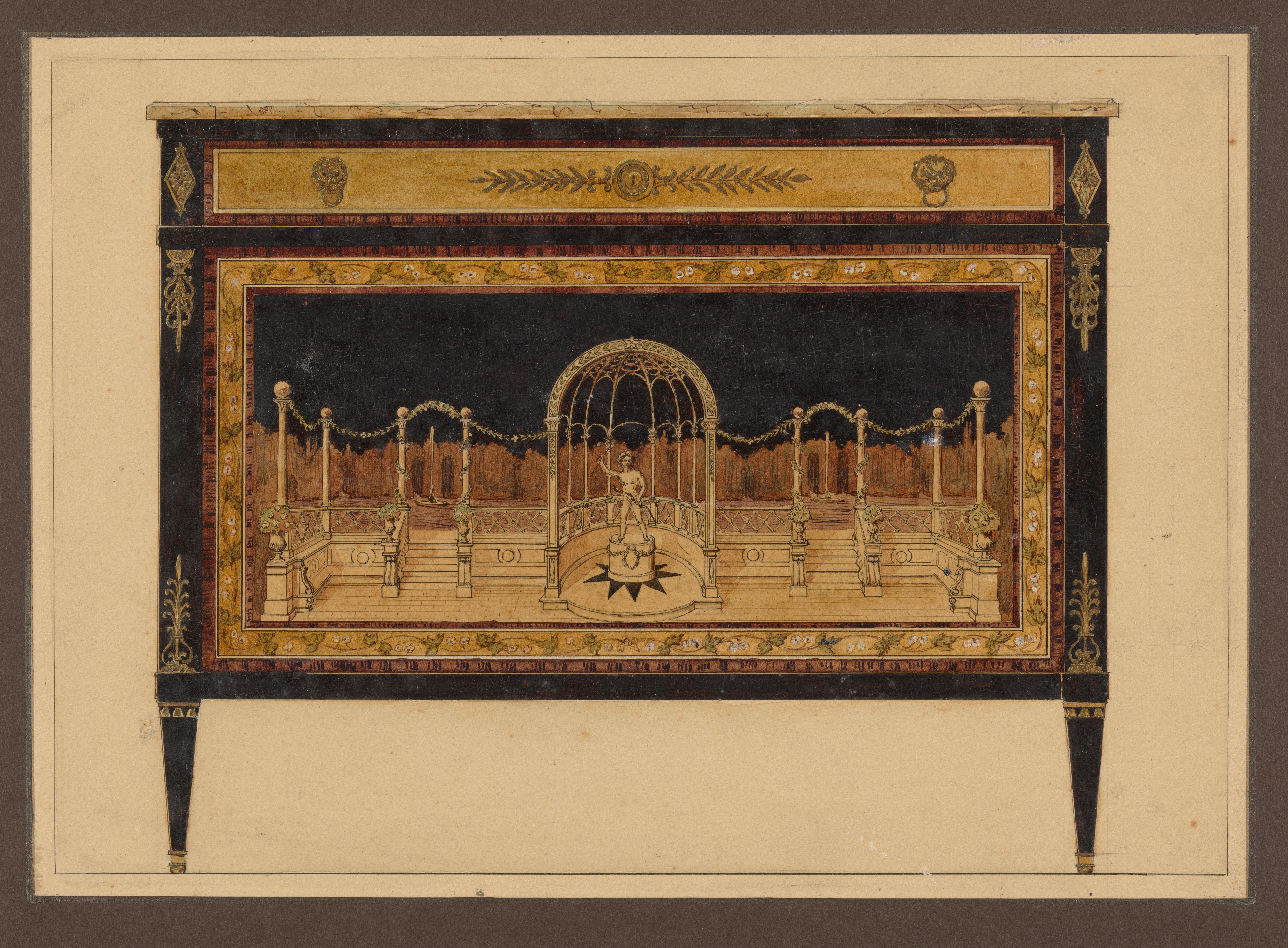 Ontwerp voor een commode met een voorstelling van een beeld van Cupido in een koepelvormig paviljoen op een terras in een tuin