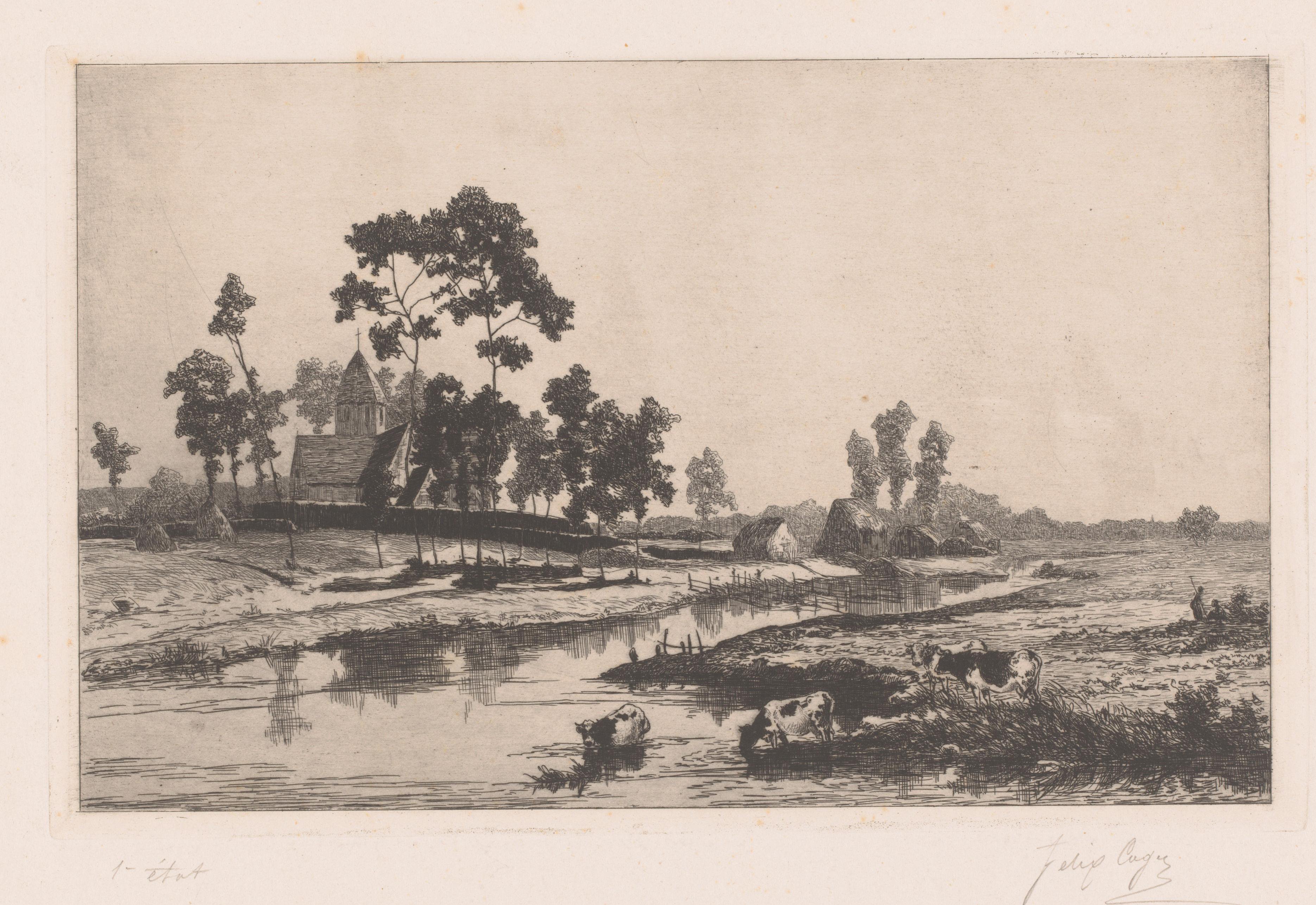 Waterrijk landschap met een kerk en koeien langs de oever