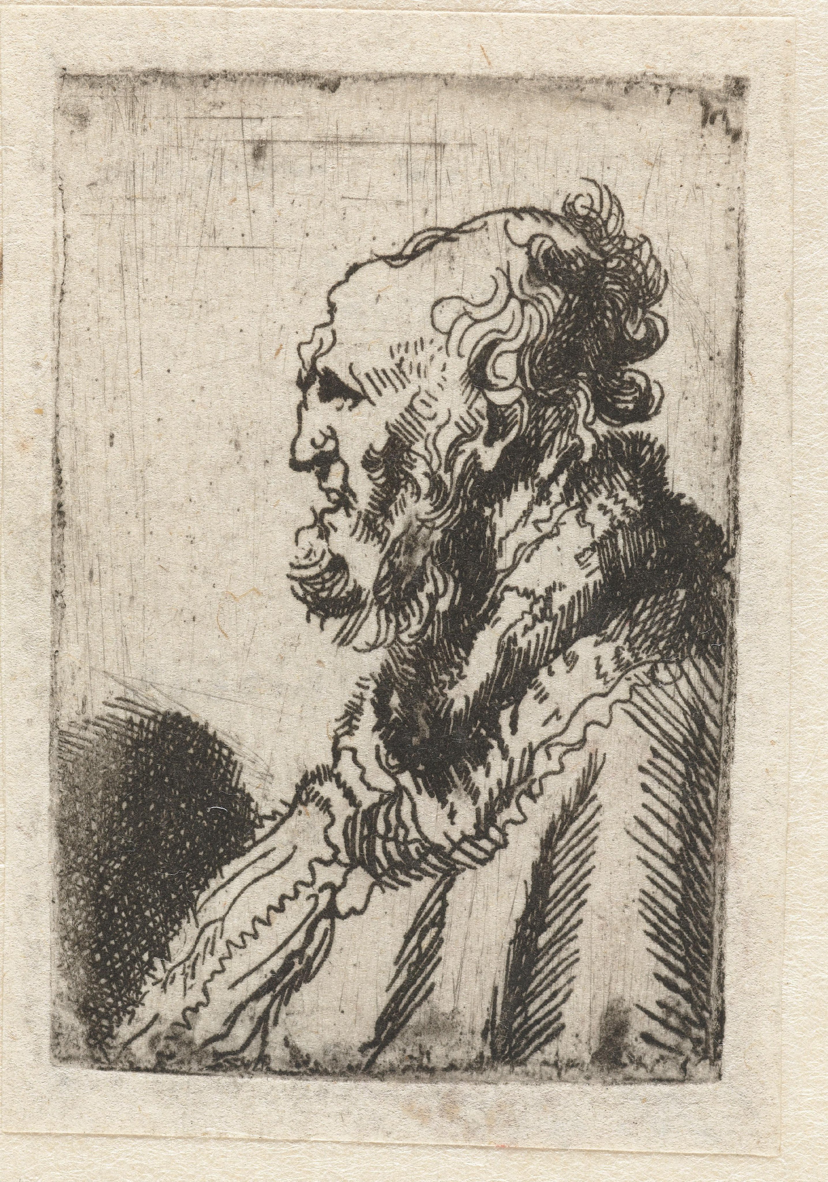 Bald old man with a short beard, in profile right