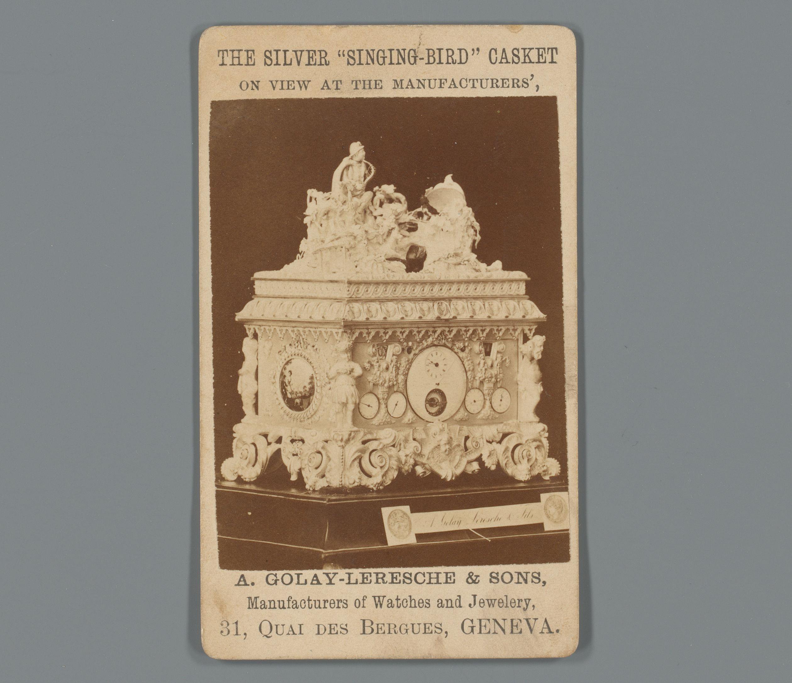 Reclame voor een sieradenkist van A. Golay-Leresche & Sons in Genève, Zwitserland
