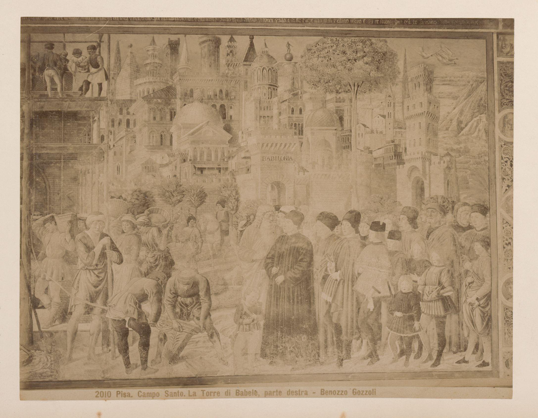 Fotoreproductie van het rechterdeel van het fresco De toren van Babel naar Benozzo Gozzoli, in het Camposanto te Pisa, Italië