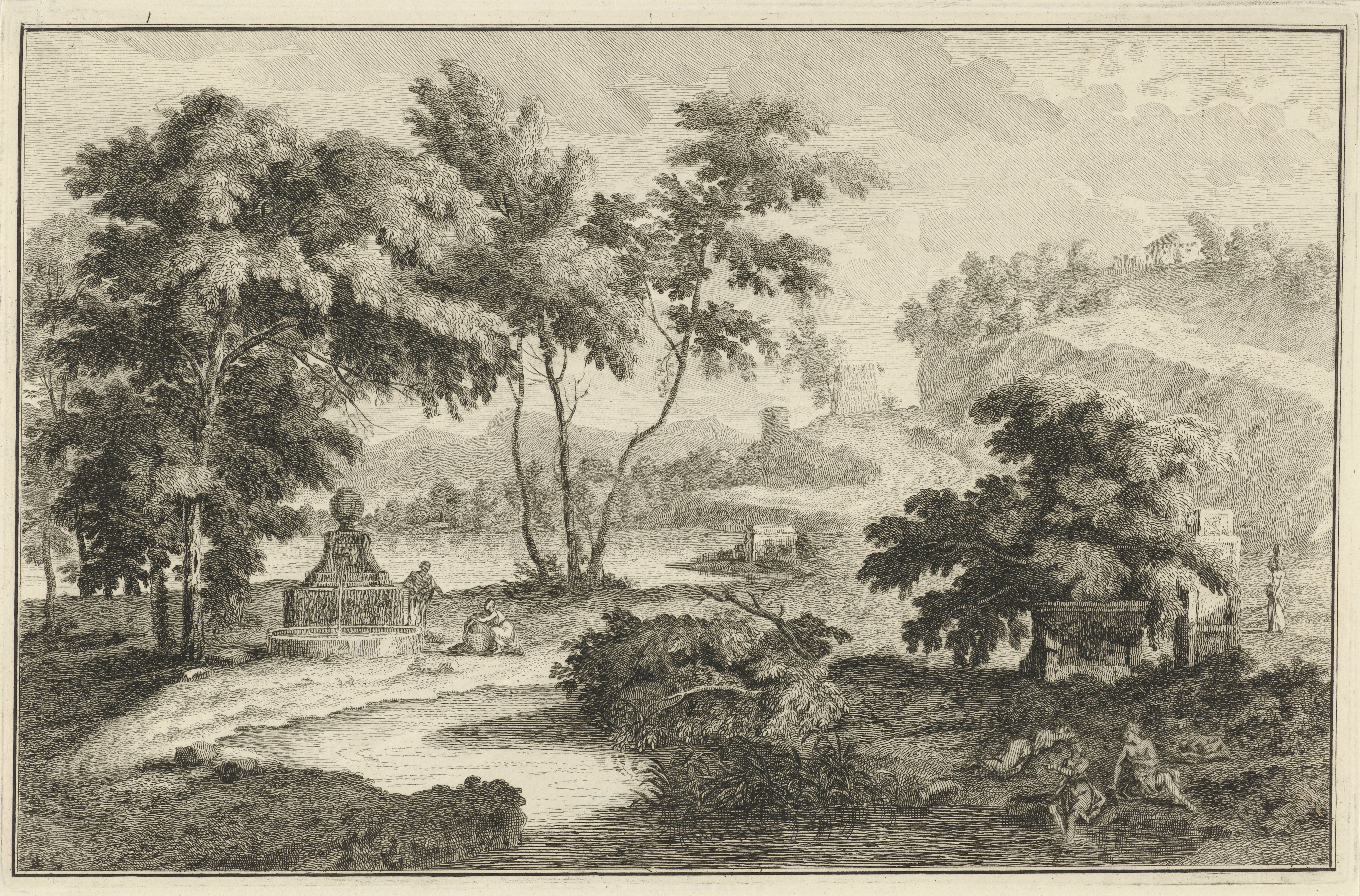 Arcadisch rivierlandschap met bron