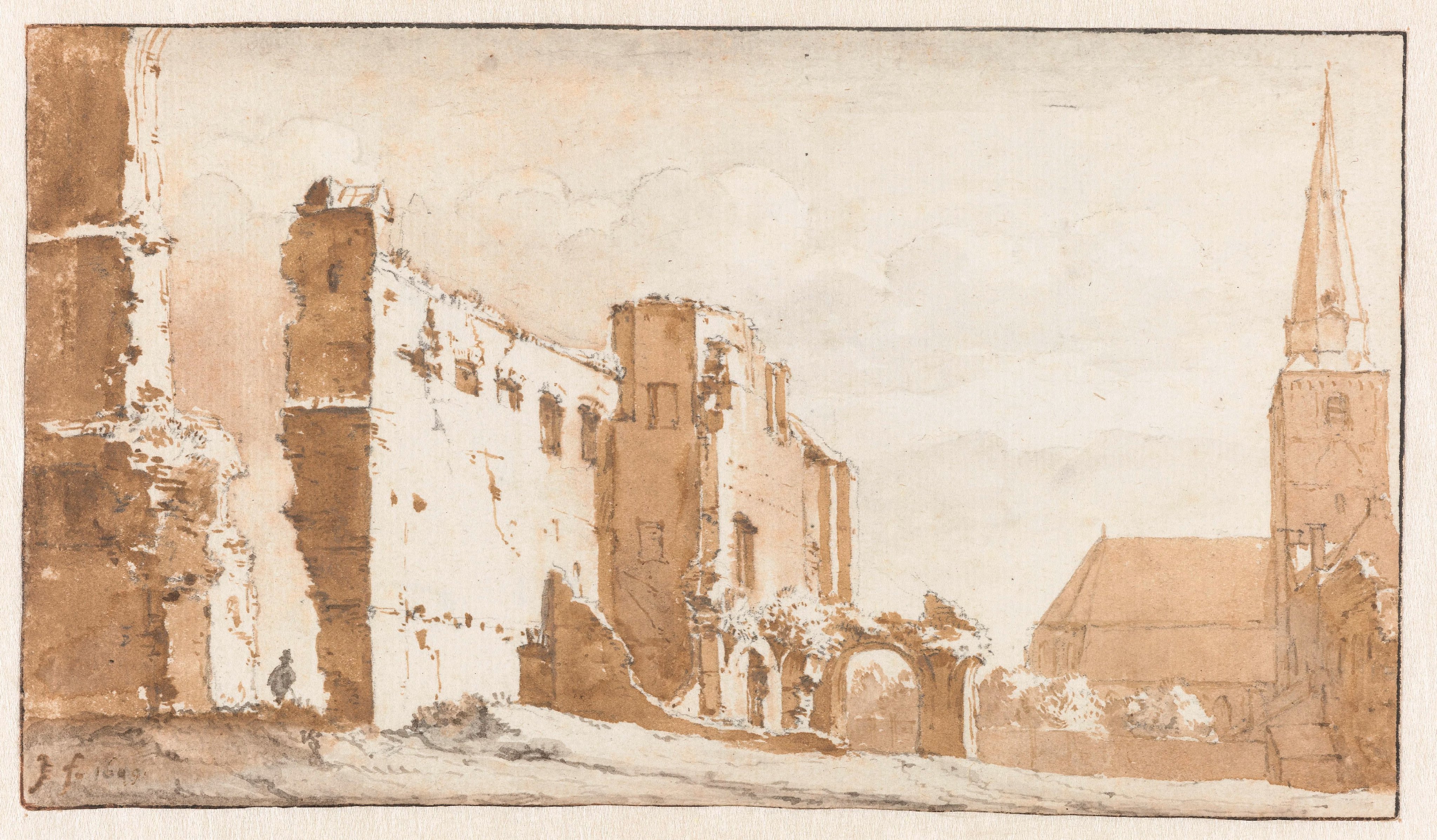 Ruïne van de abdij en de kerk te Rijnsburg