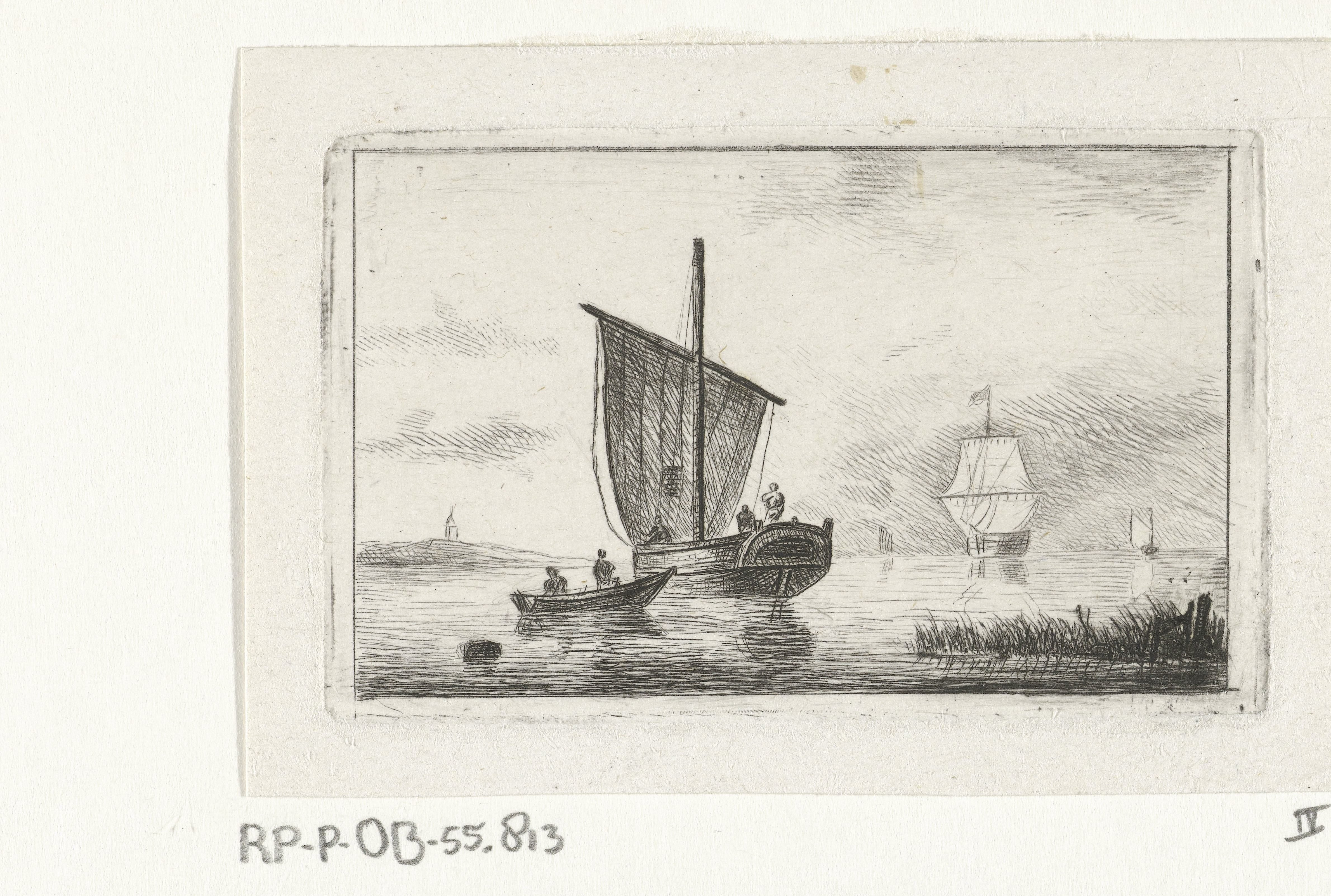 Riviergezicht met zeilschip