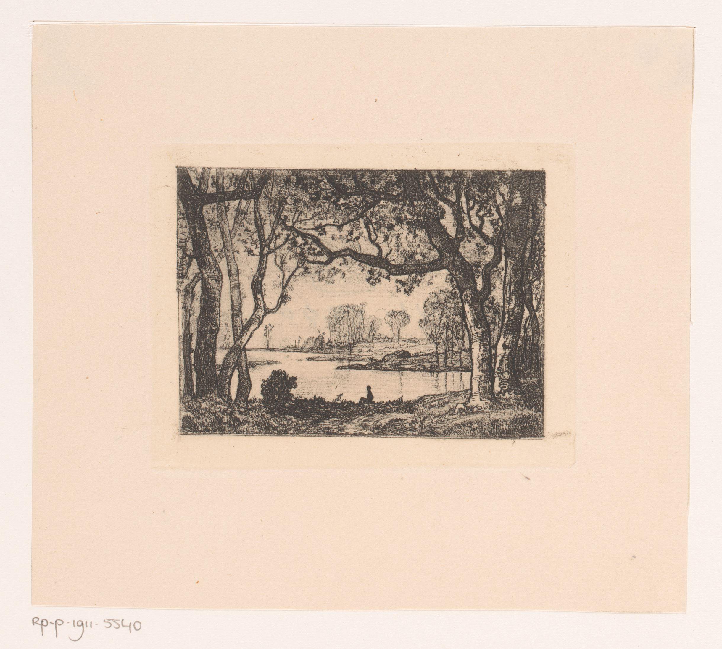 Boslandschap met figuur op de oever van een vijver