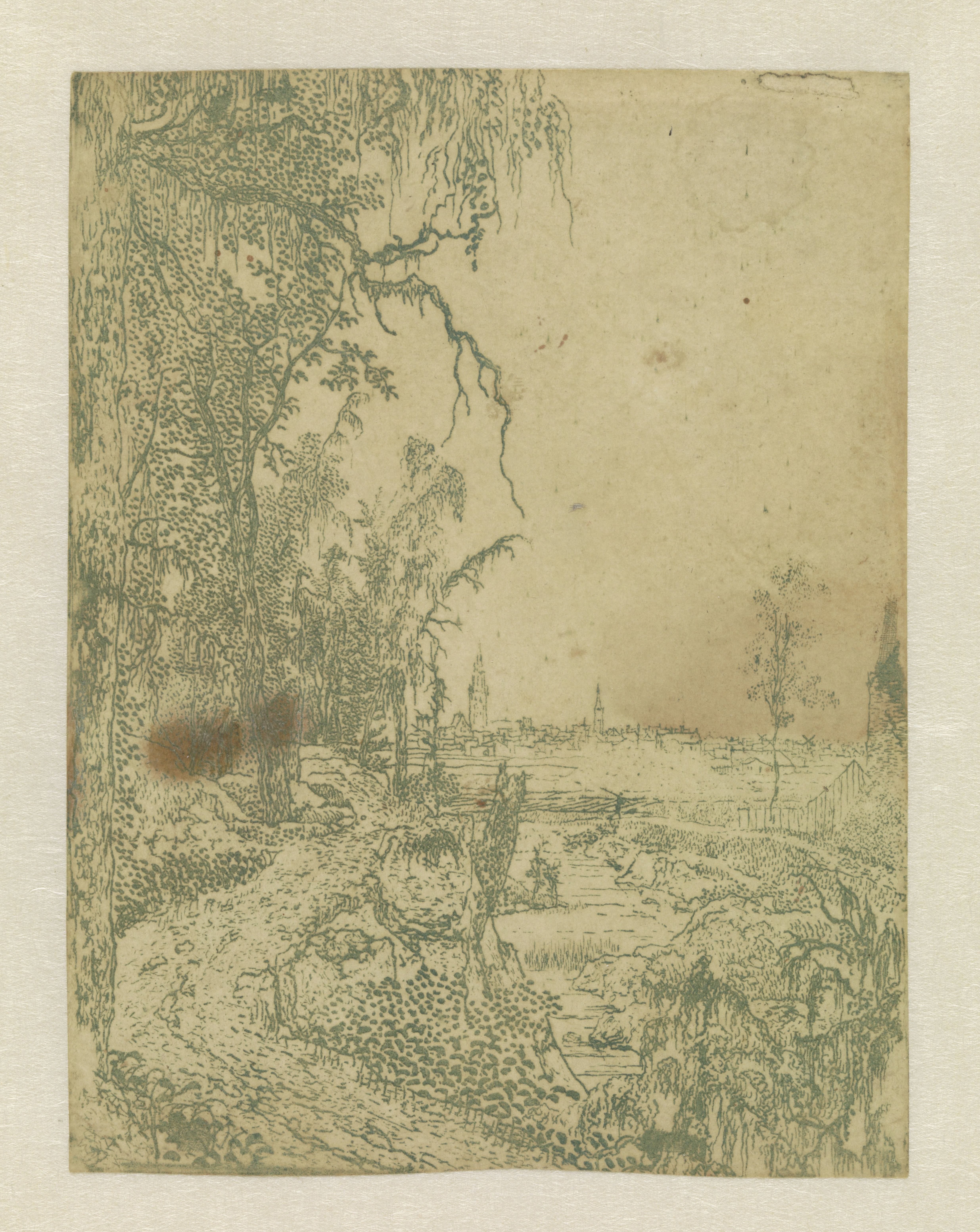 A Road Bordered by Trees, a City in the Background