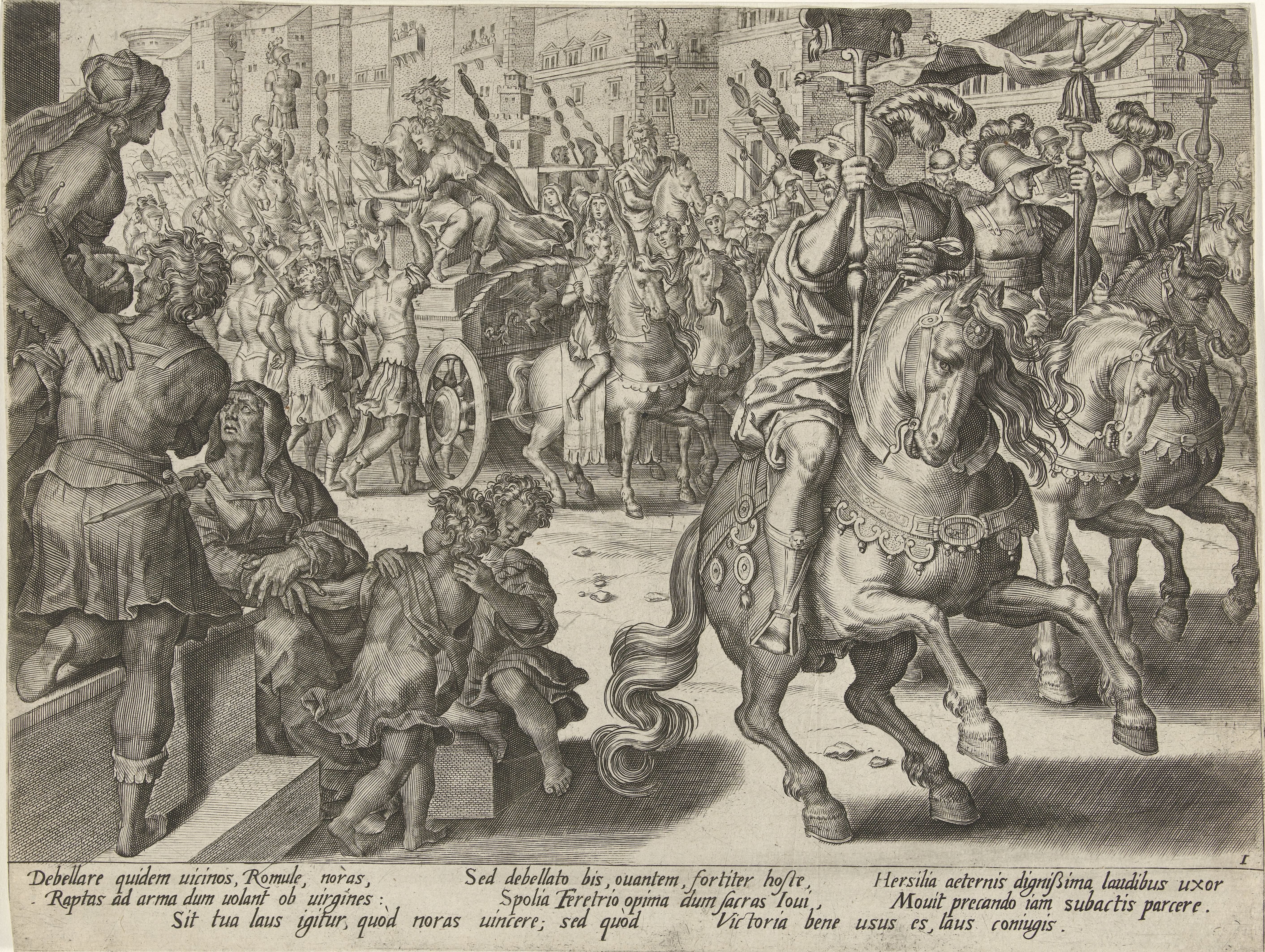 Romulus en Hersilia op een zegekar