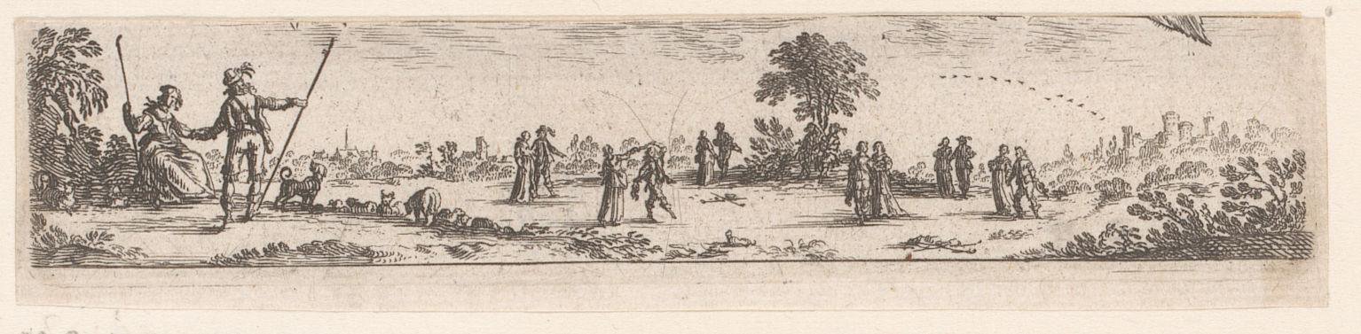 Vignet met wandelende koppels in een landschap