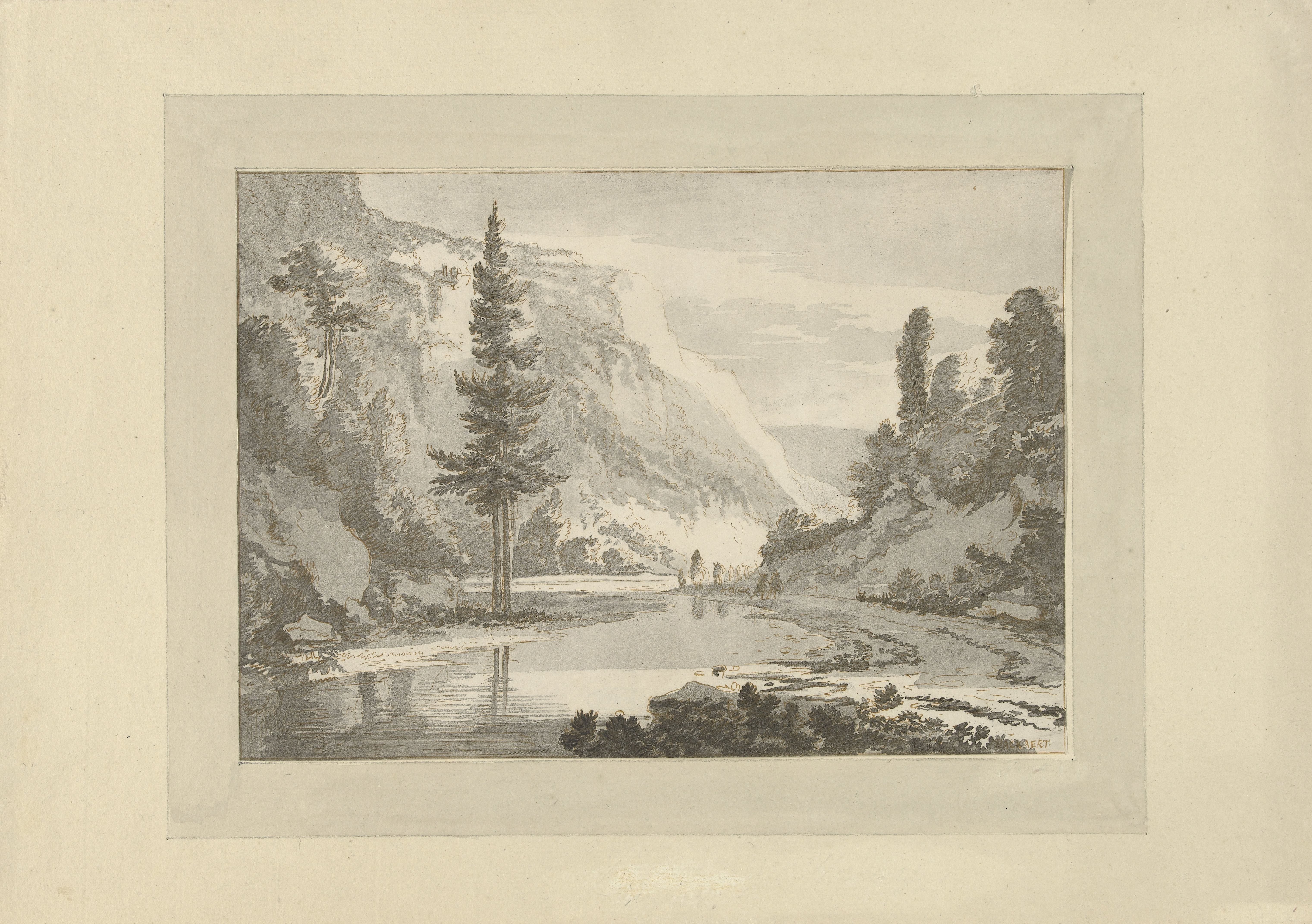 Berglandschap met herders op een rivieroever