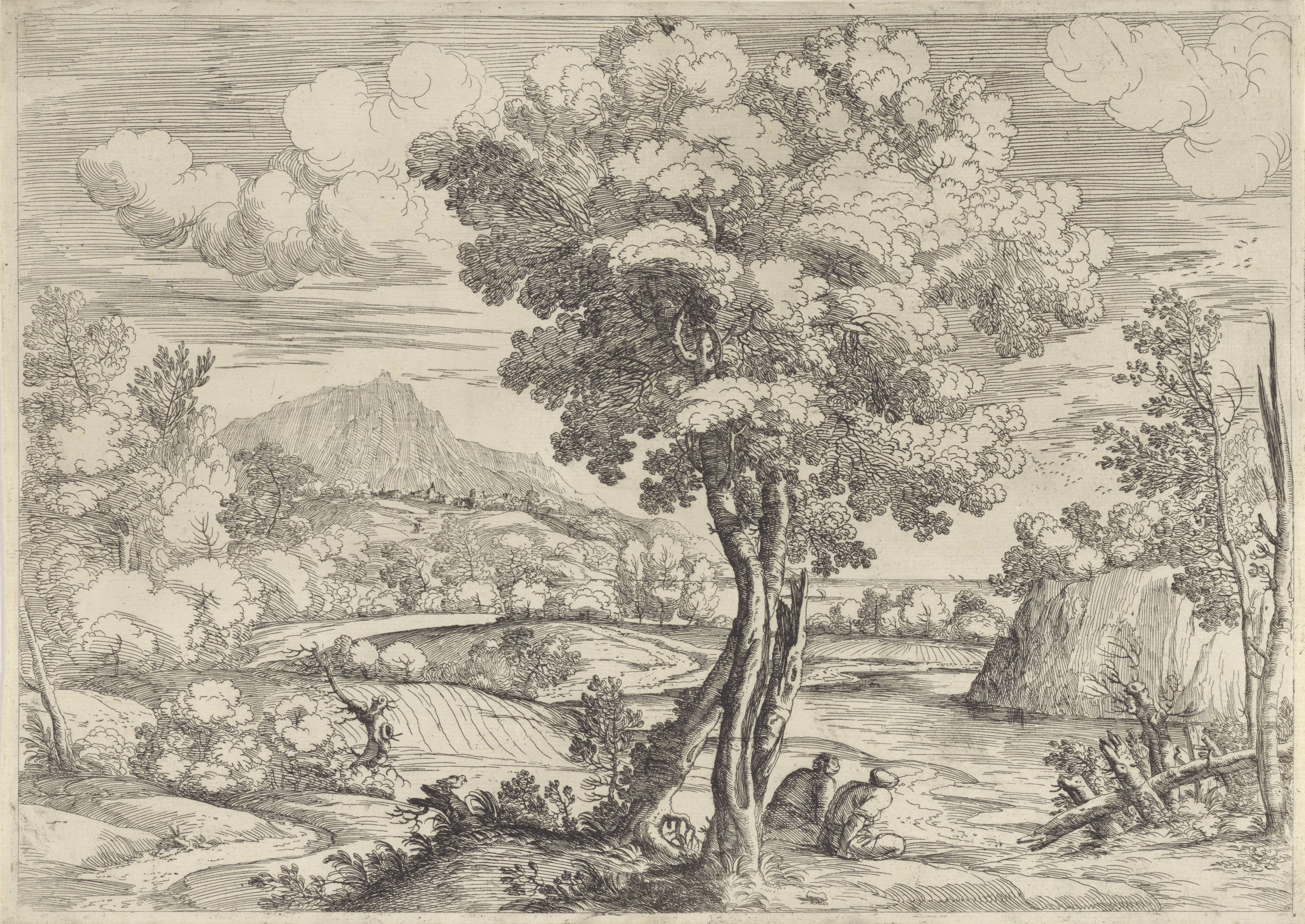 Landschap met vogel op boomstronk