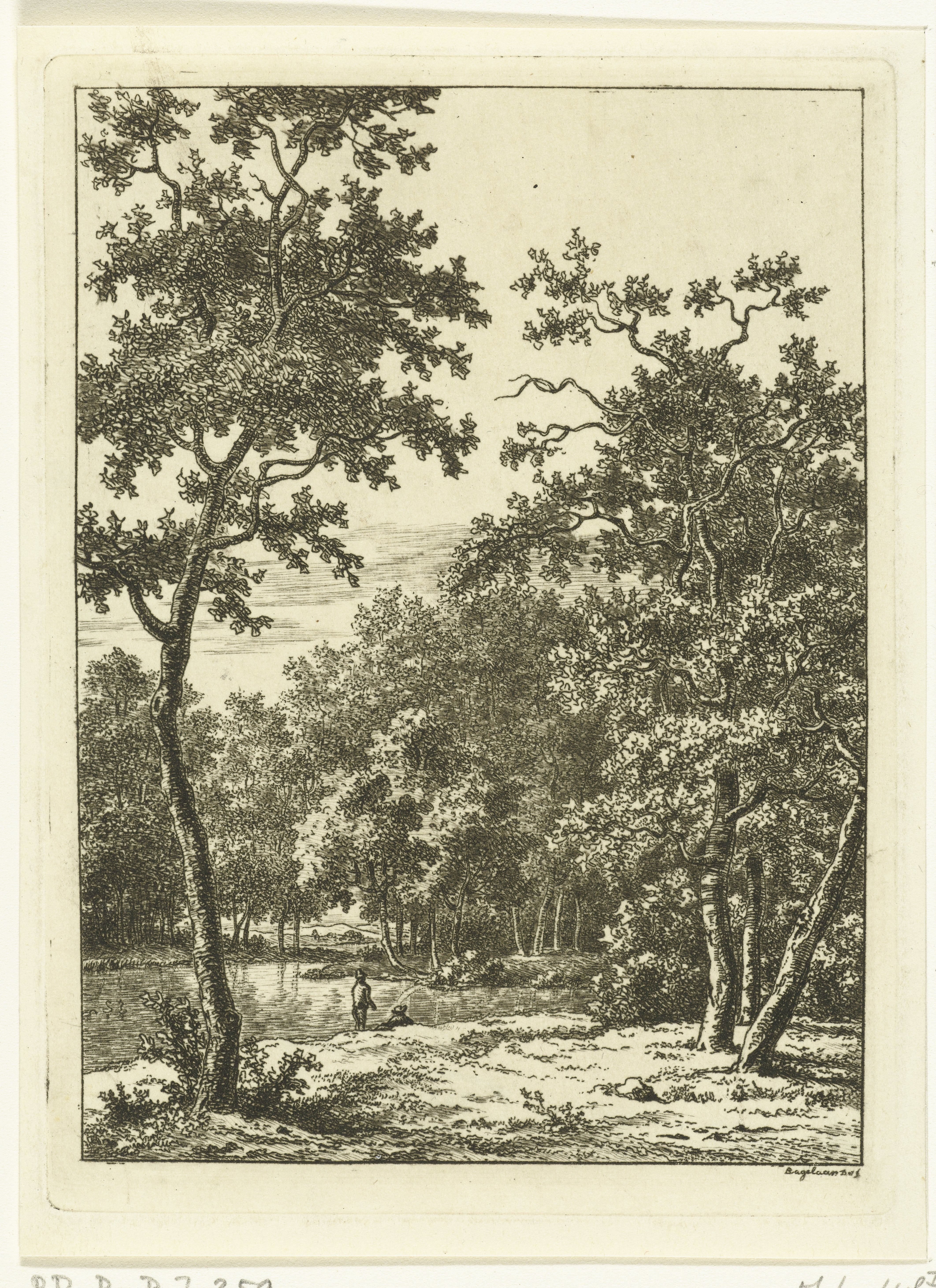 Landschap met twee mannen aan de oever van een rivier