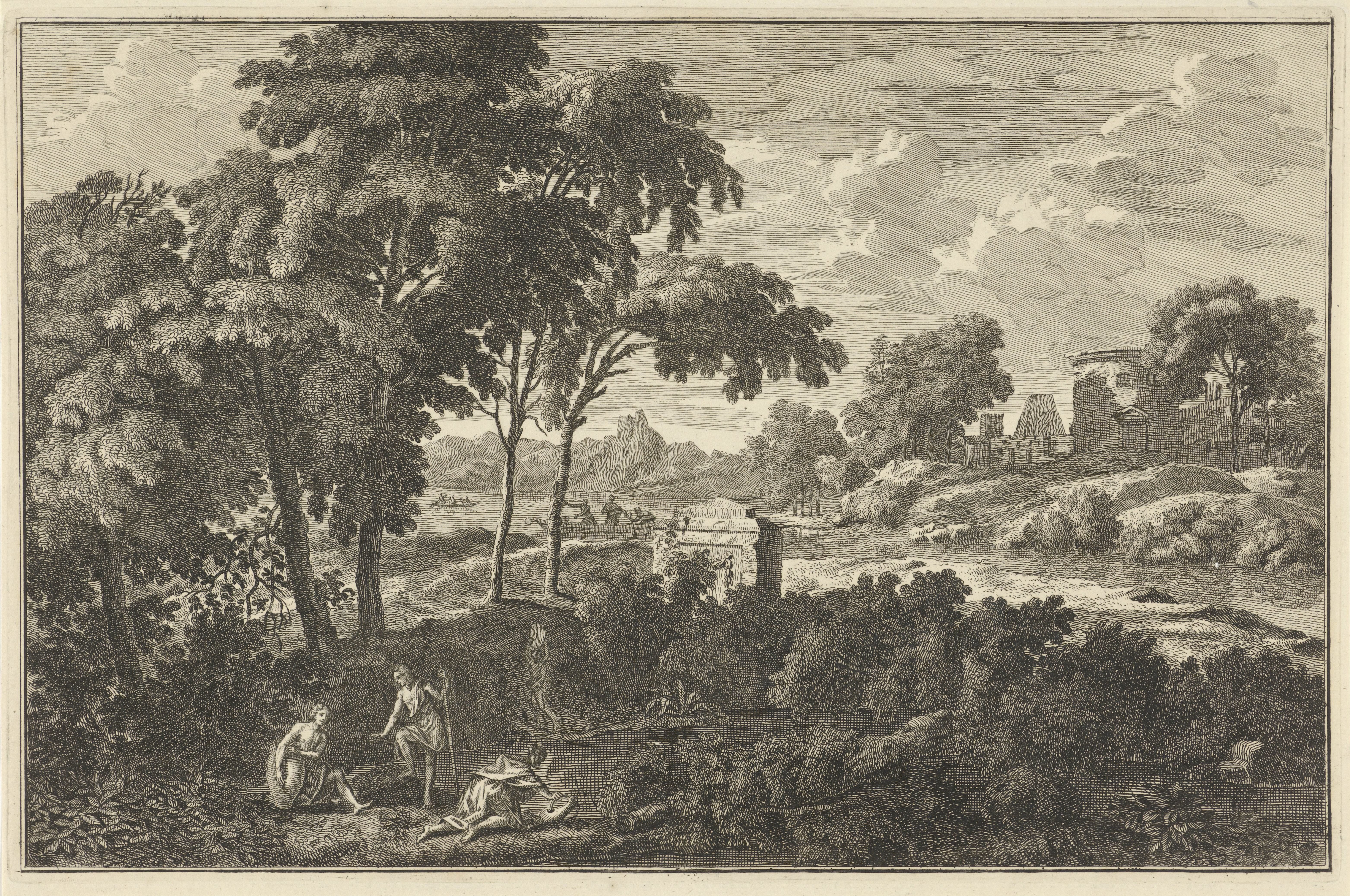 Arcadisch rivierlandschap met figuren die water halen