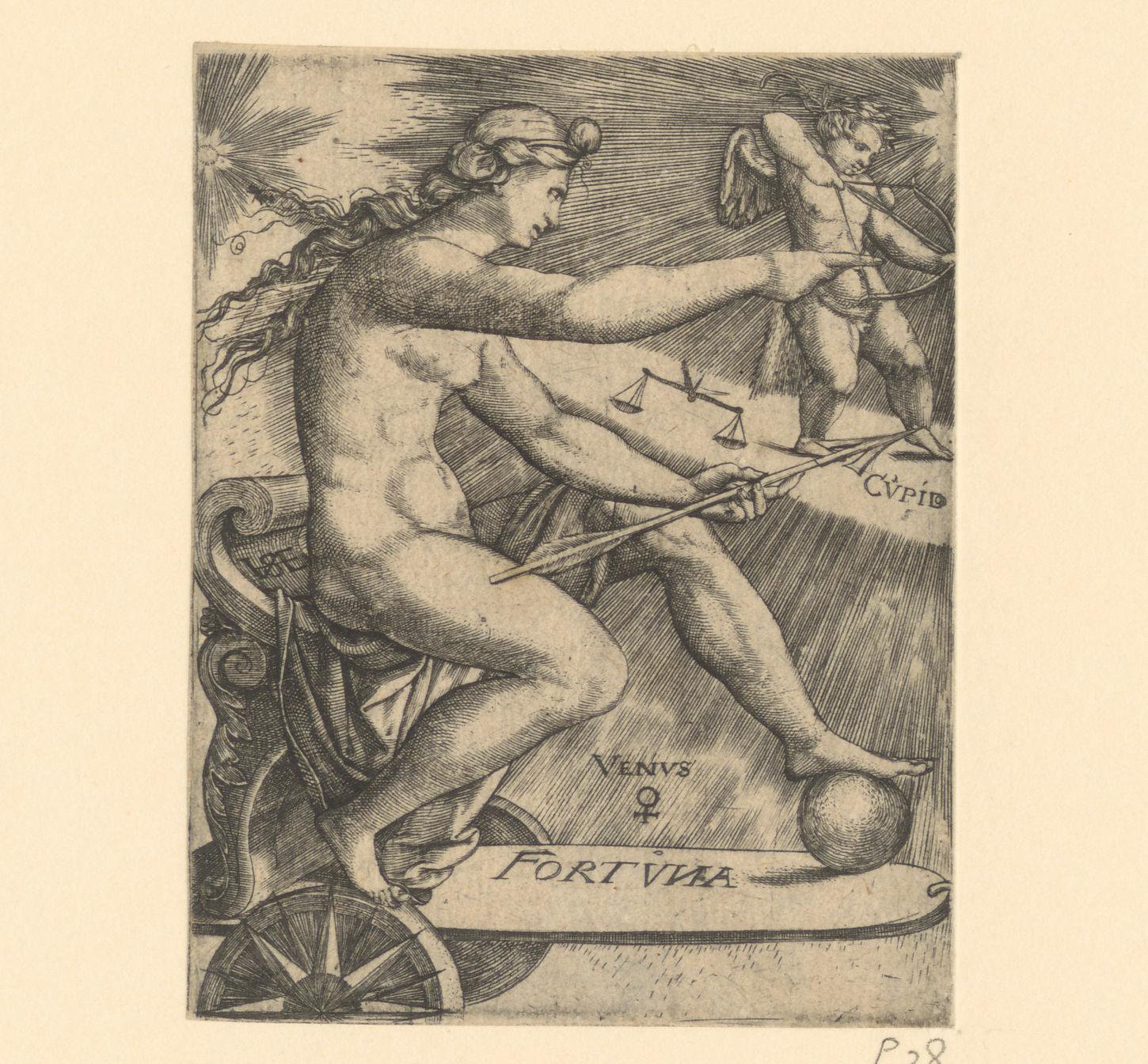 Venus op een strijdwagen vergezeld door Cupido