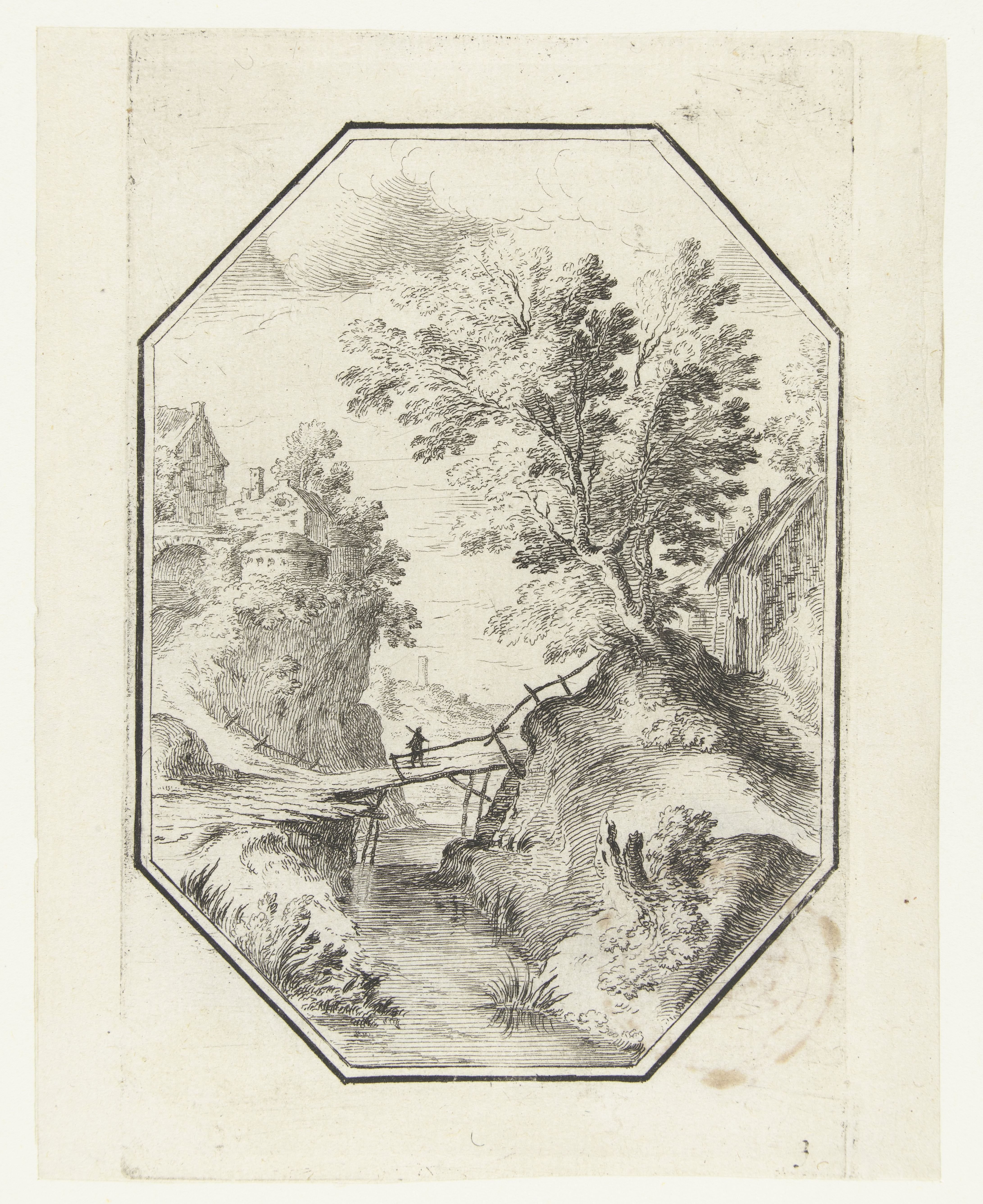 Landschap met houten brug in octagonaal kader