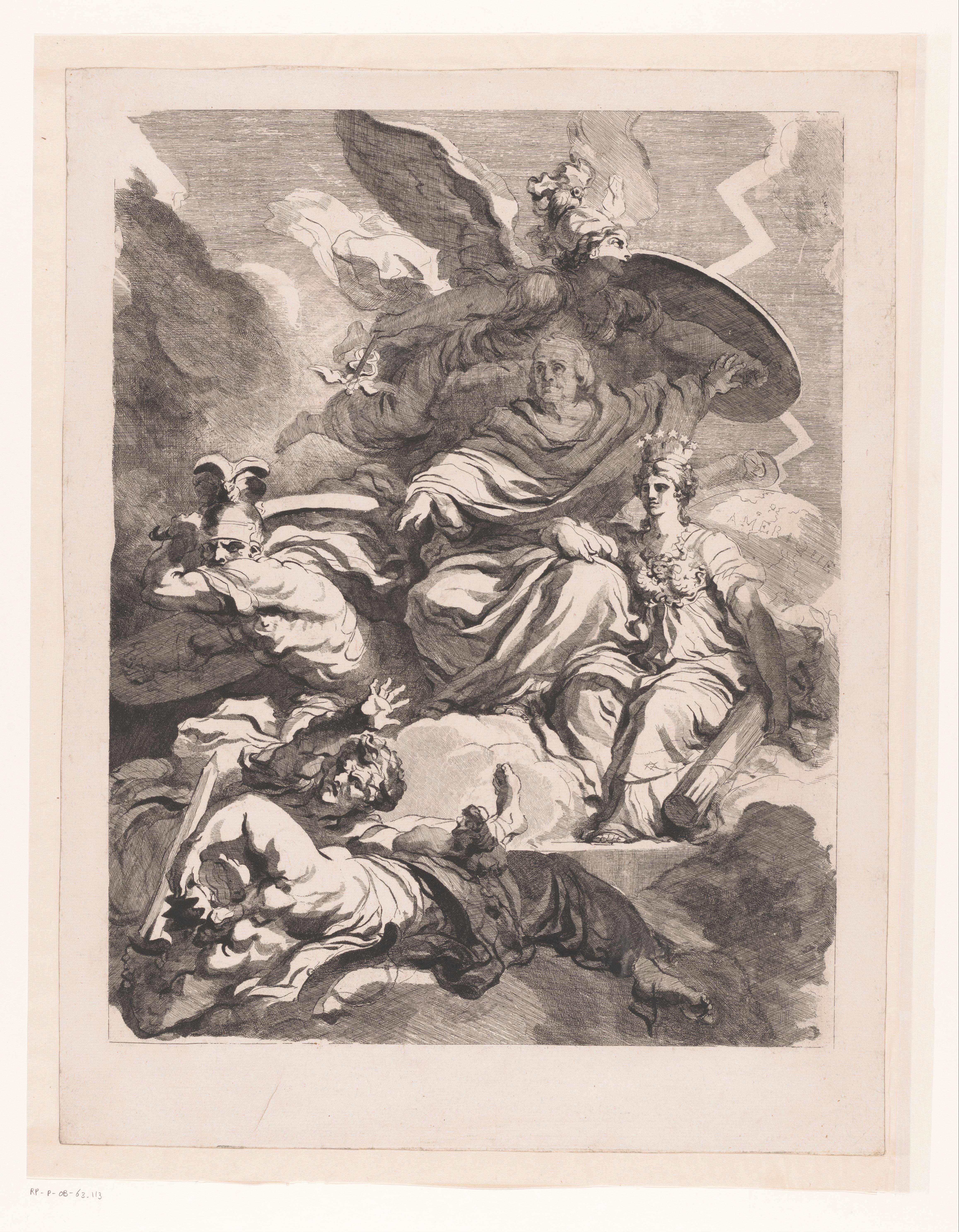 Allegorische voorstelling van Amerika met Benjamin Franklin