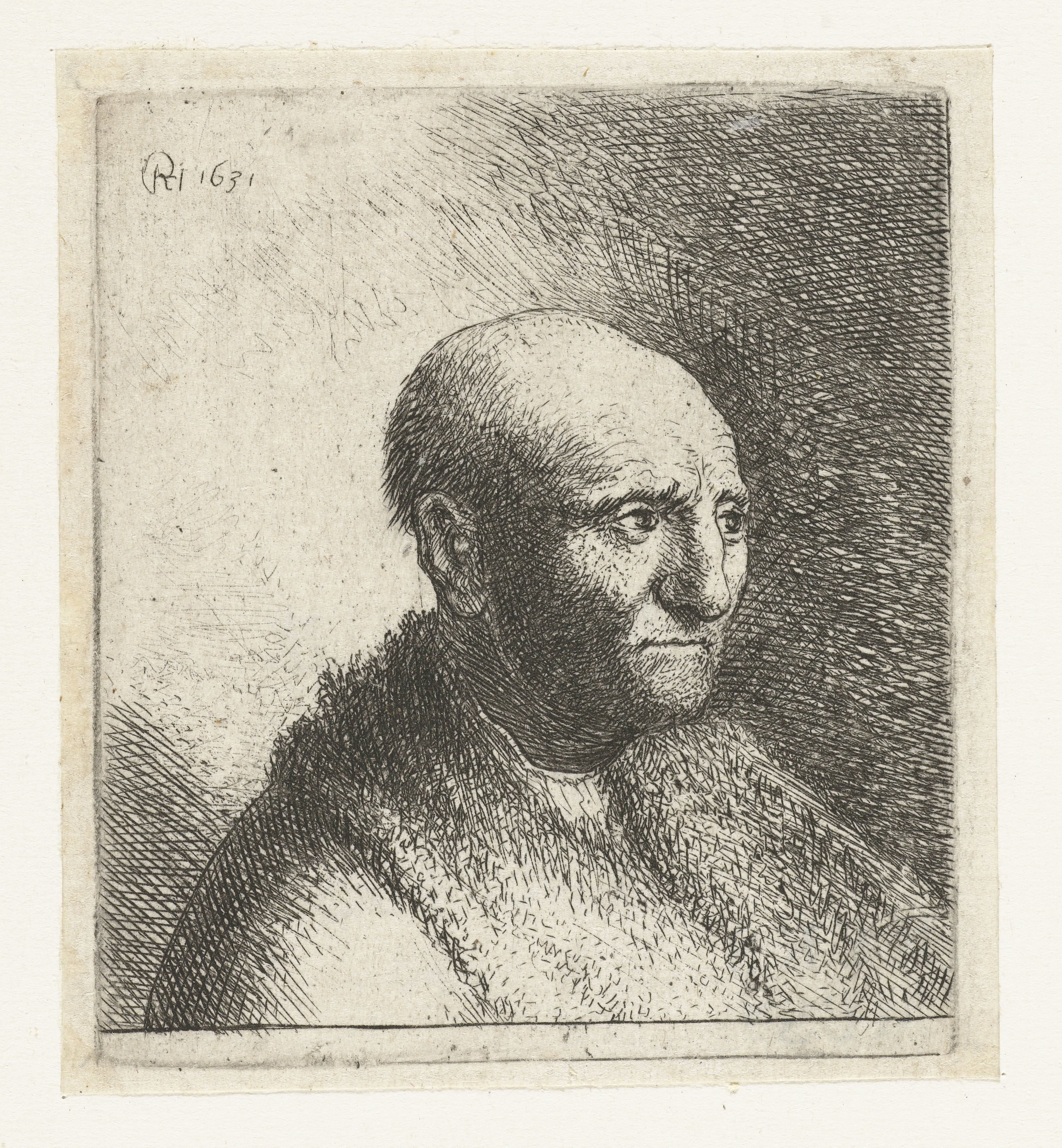 Bald man in a fur cloak: bust