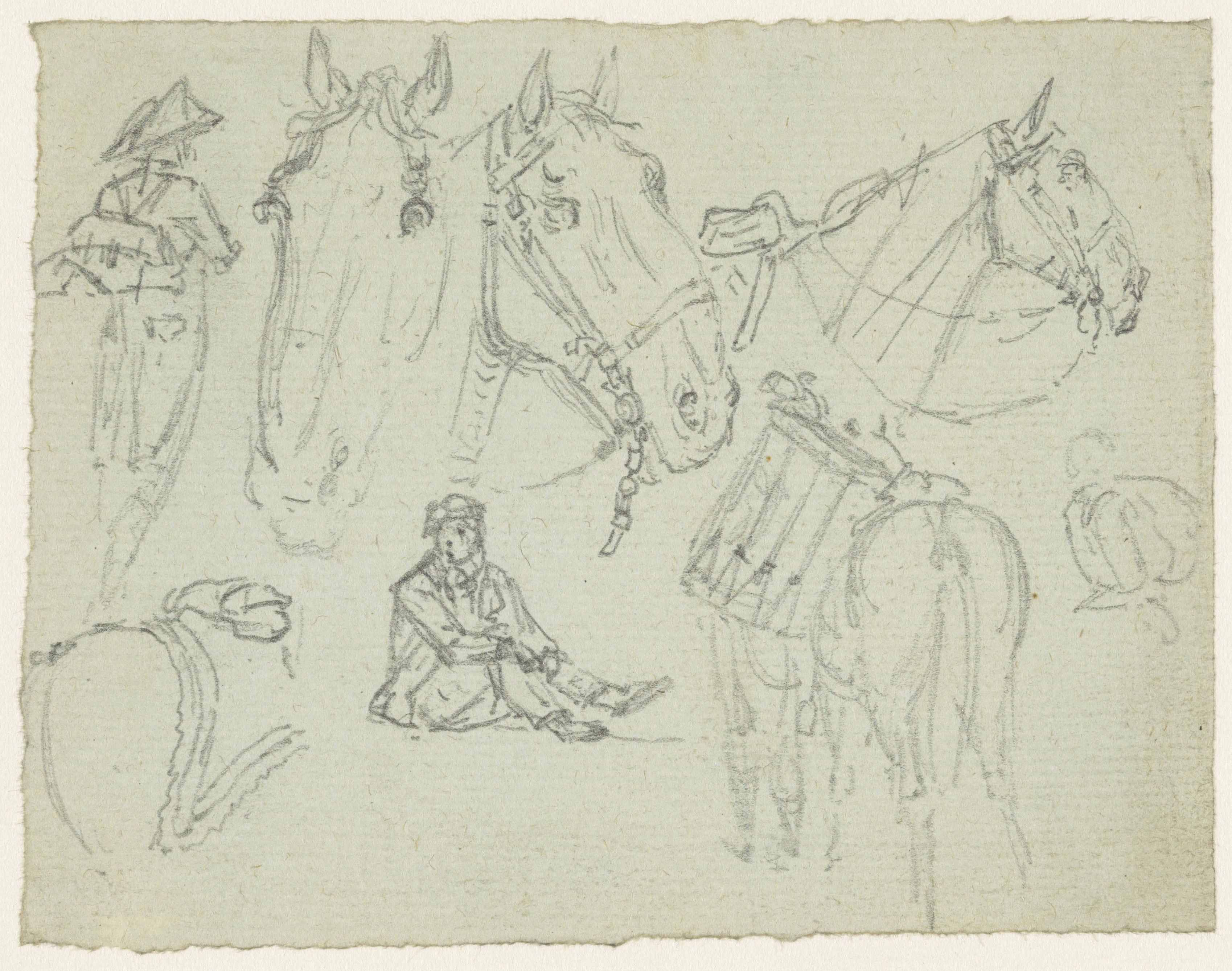 Paardenhoofden en schetsen van soldaten