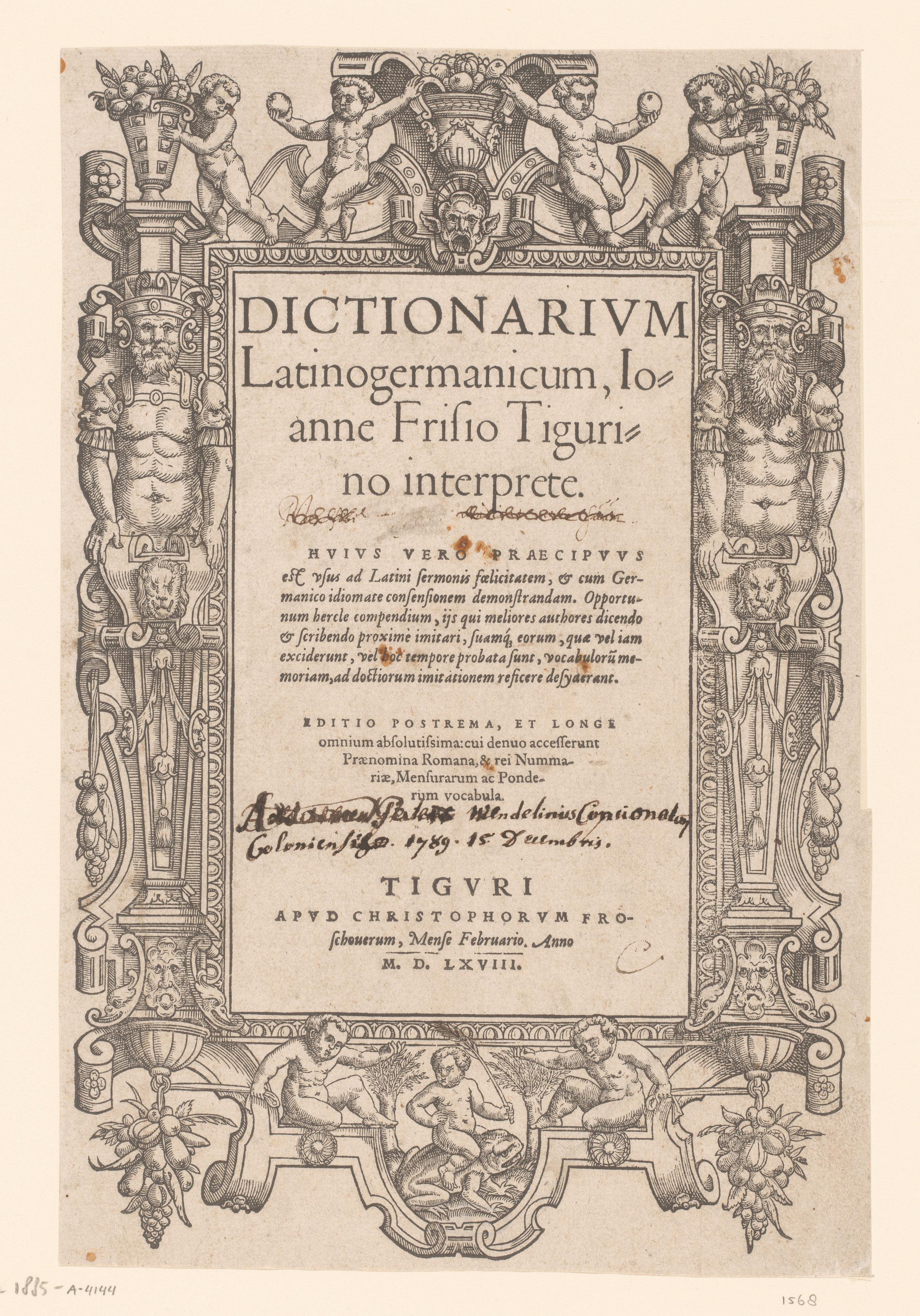 Titelpagina voor: Johannes Frisius, Dictionarium Latinogermanicum, Ioanne Frisio Tigurino interprete, 1568