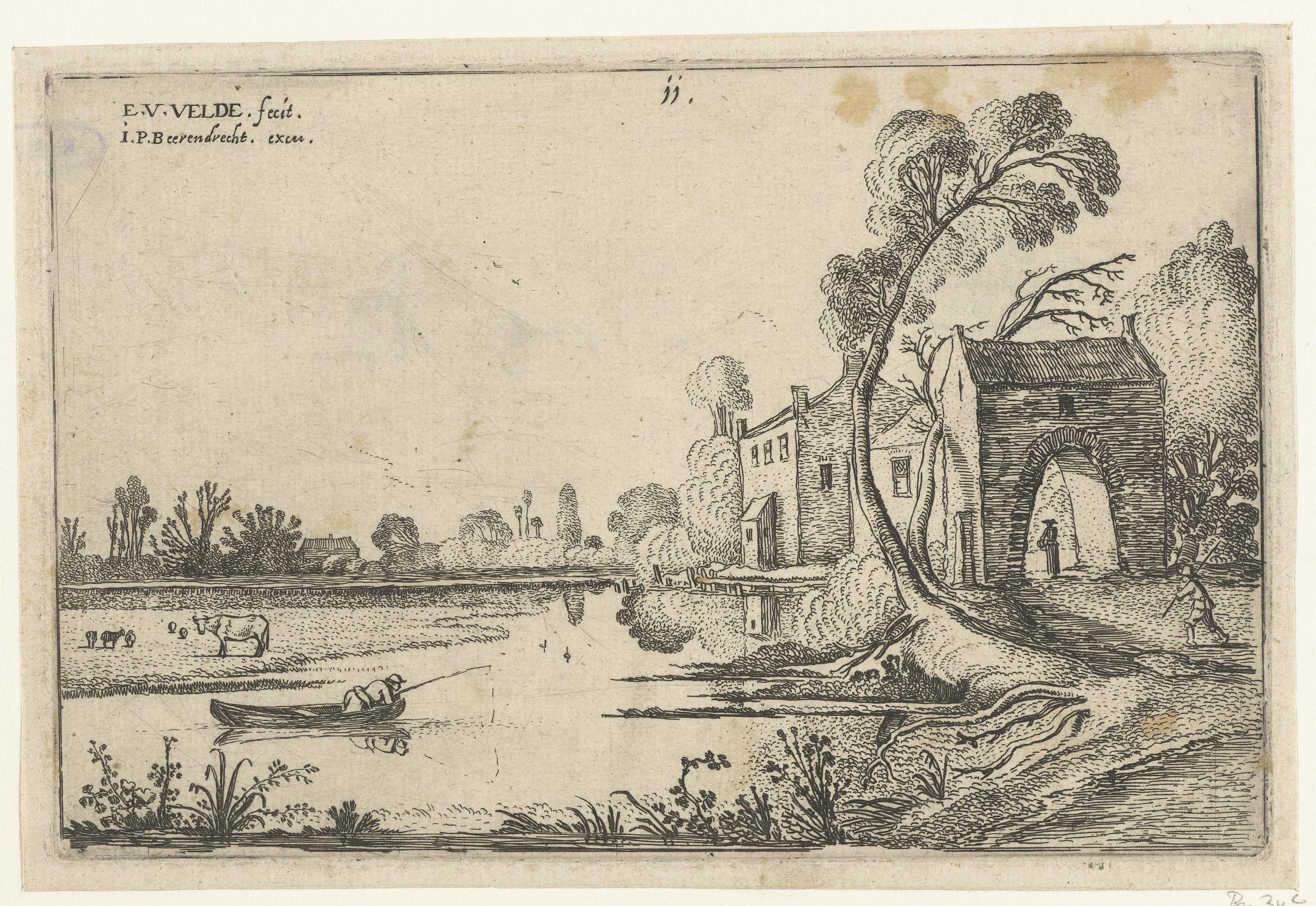 Landschap met een rivier en poortgebouw