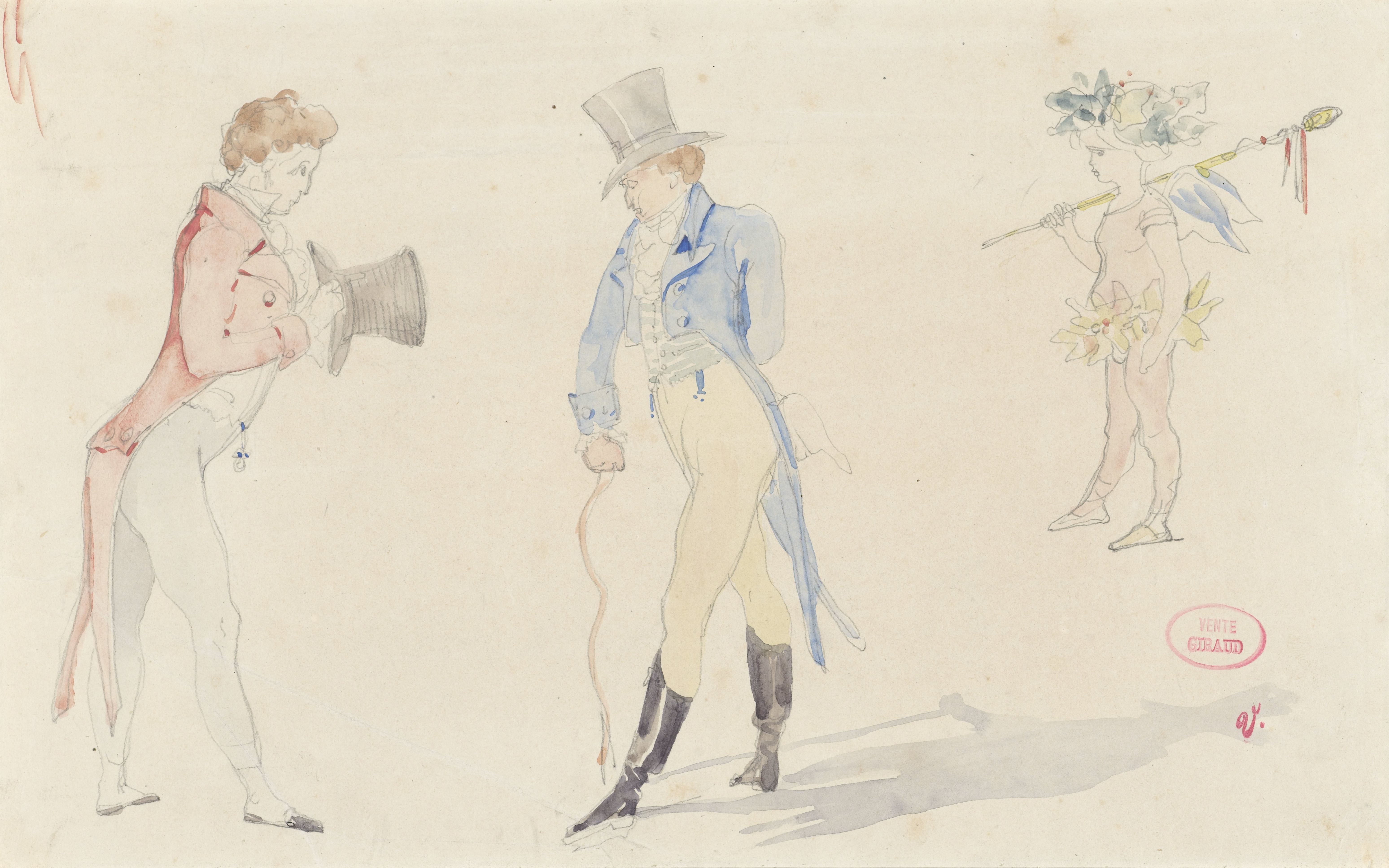 Licht schetsblad met twee elkaar ontmoetende dandies en een ballet-amour