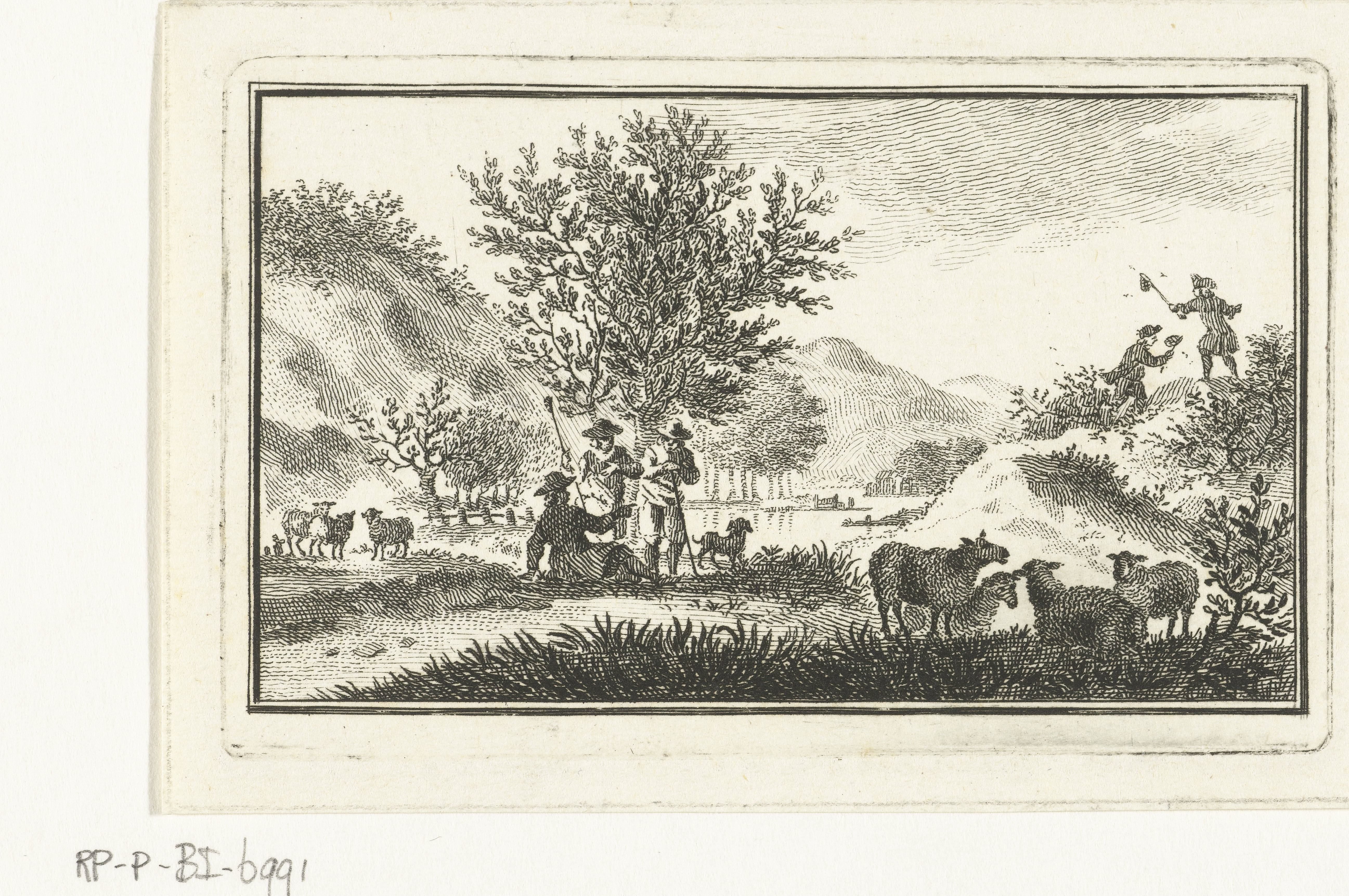 Duinlandschap met rustende herders en mannen die vlinders vangen