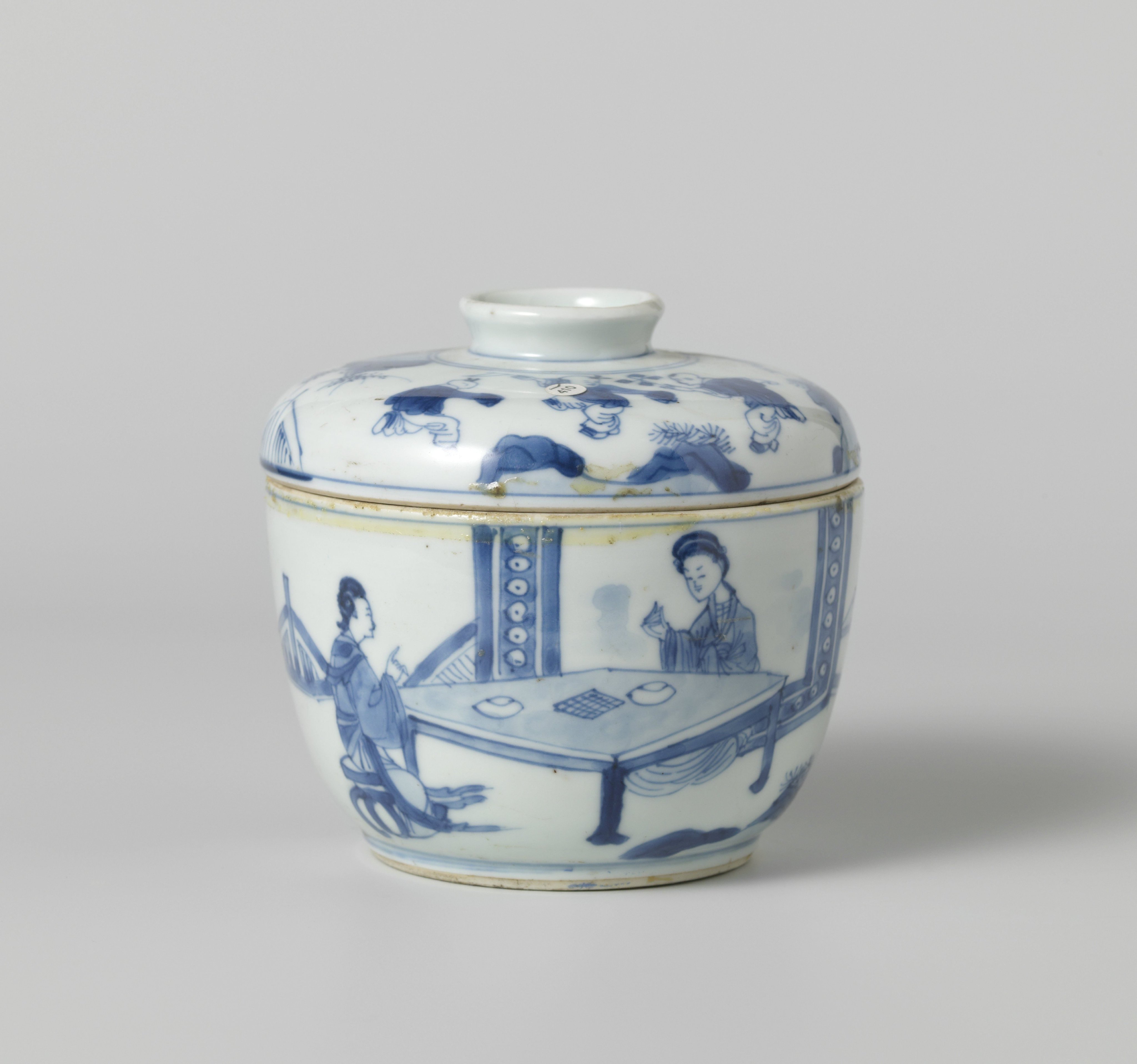 Covered jar with three women in a garden and playing boys