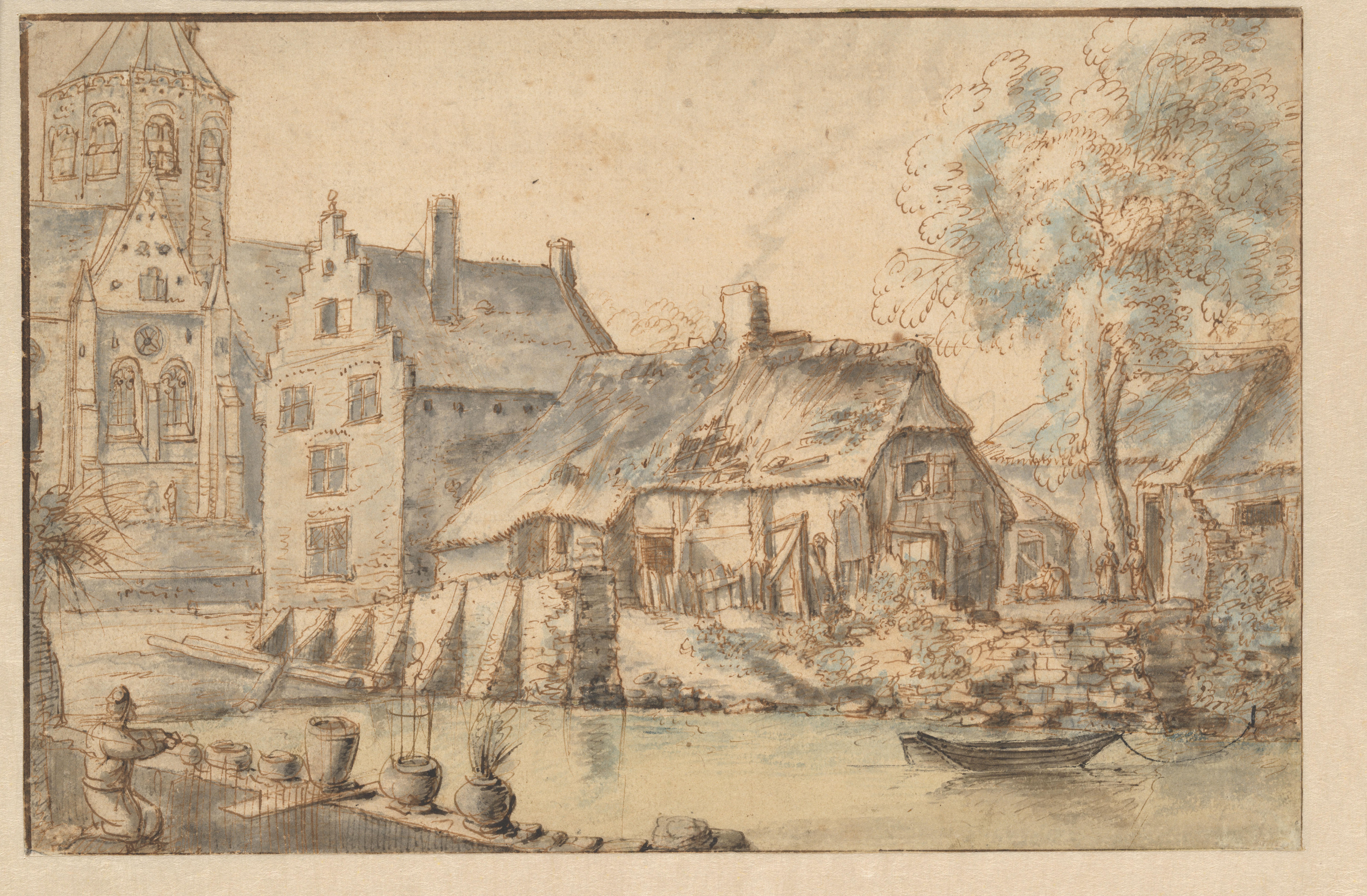 Stadsgezicht met een grote kerk