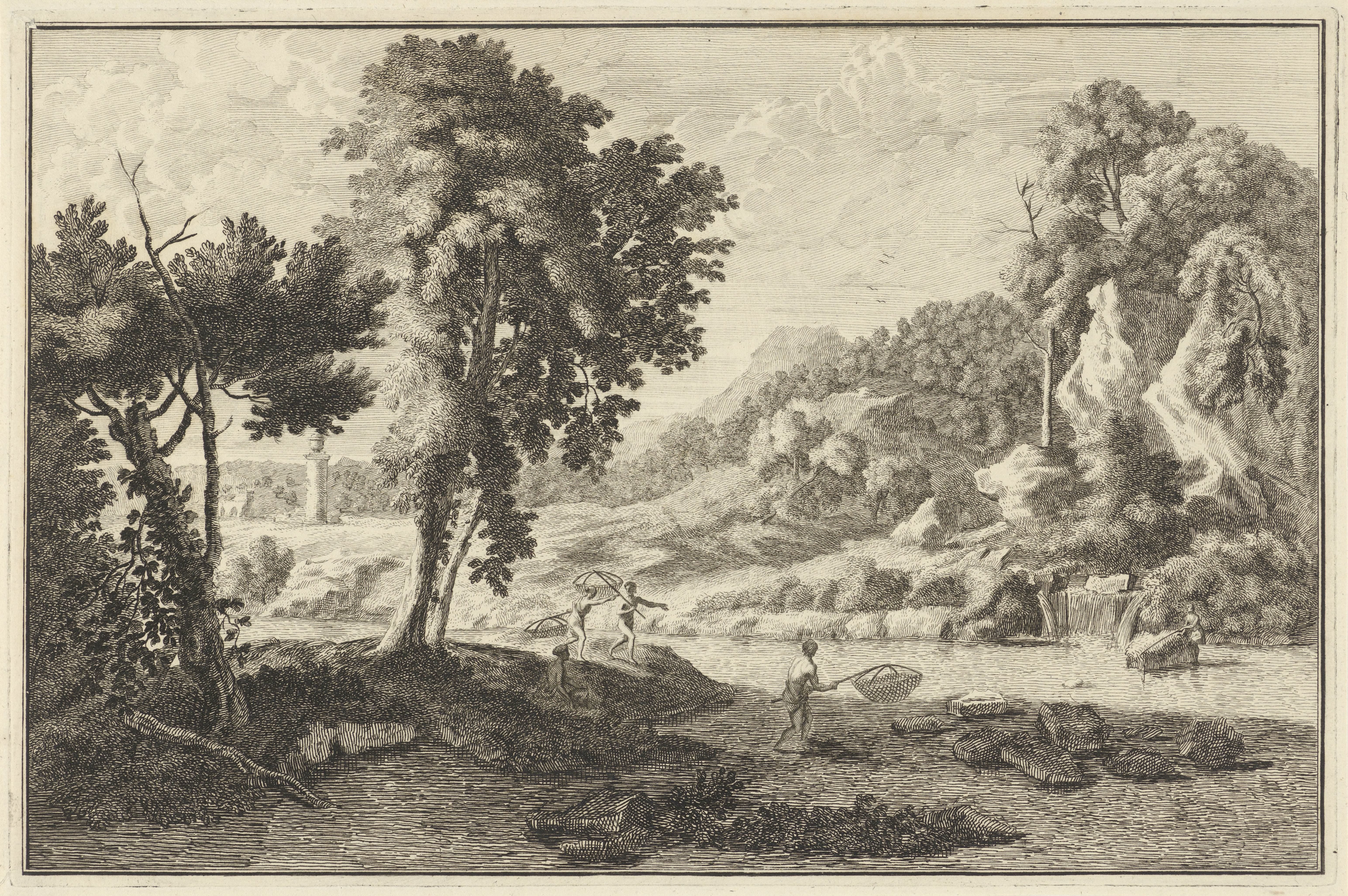 Arcadisch rivierlandschap met vissers