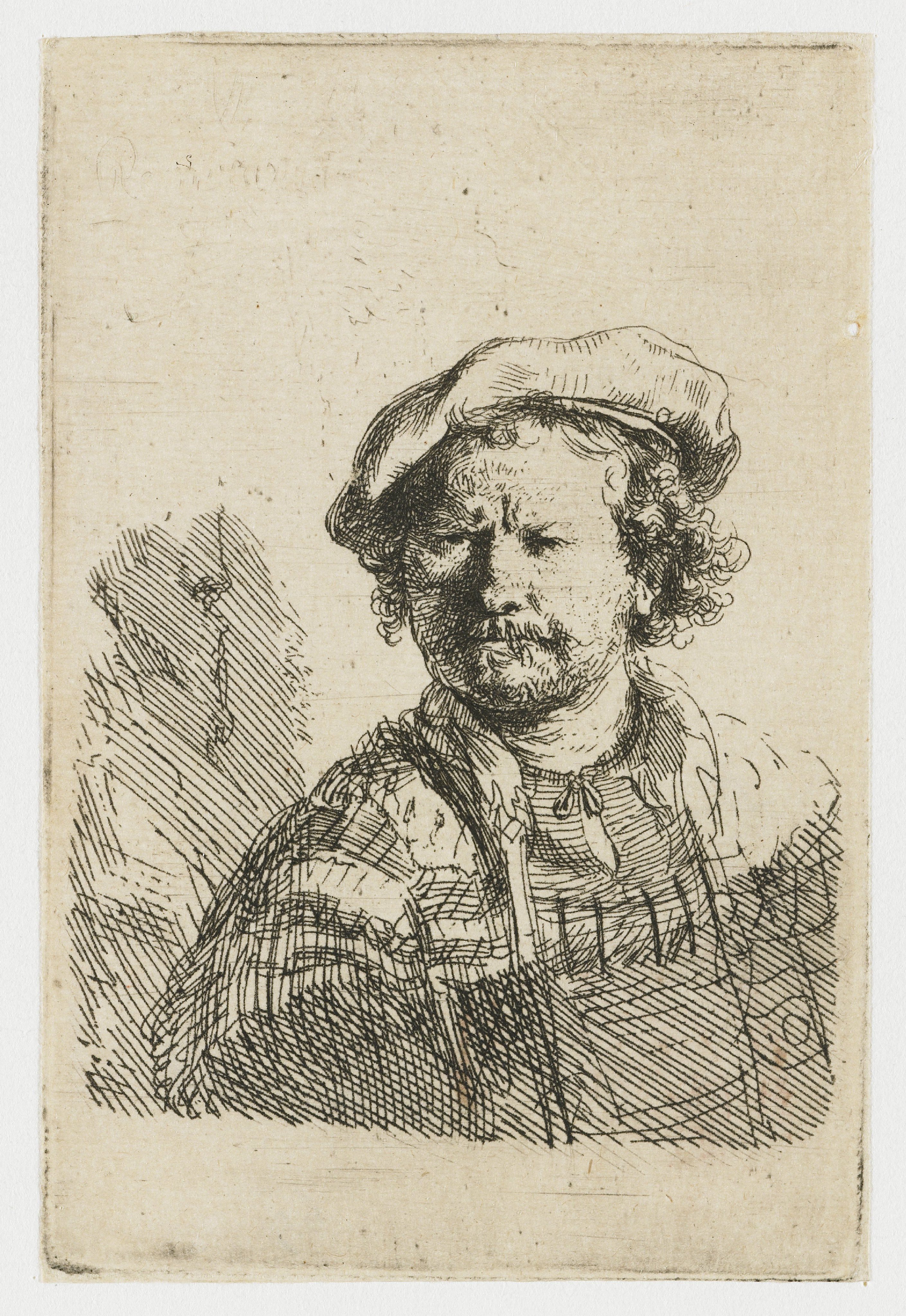 Self-portrait in a flat cap and embroidered dress