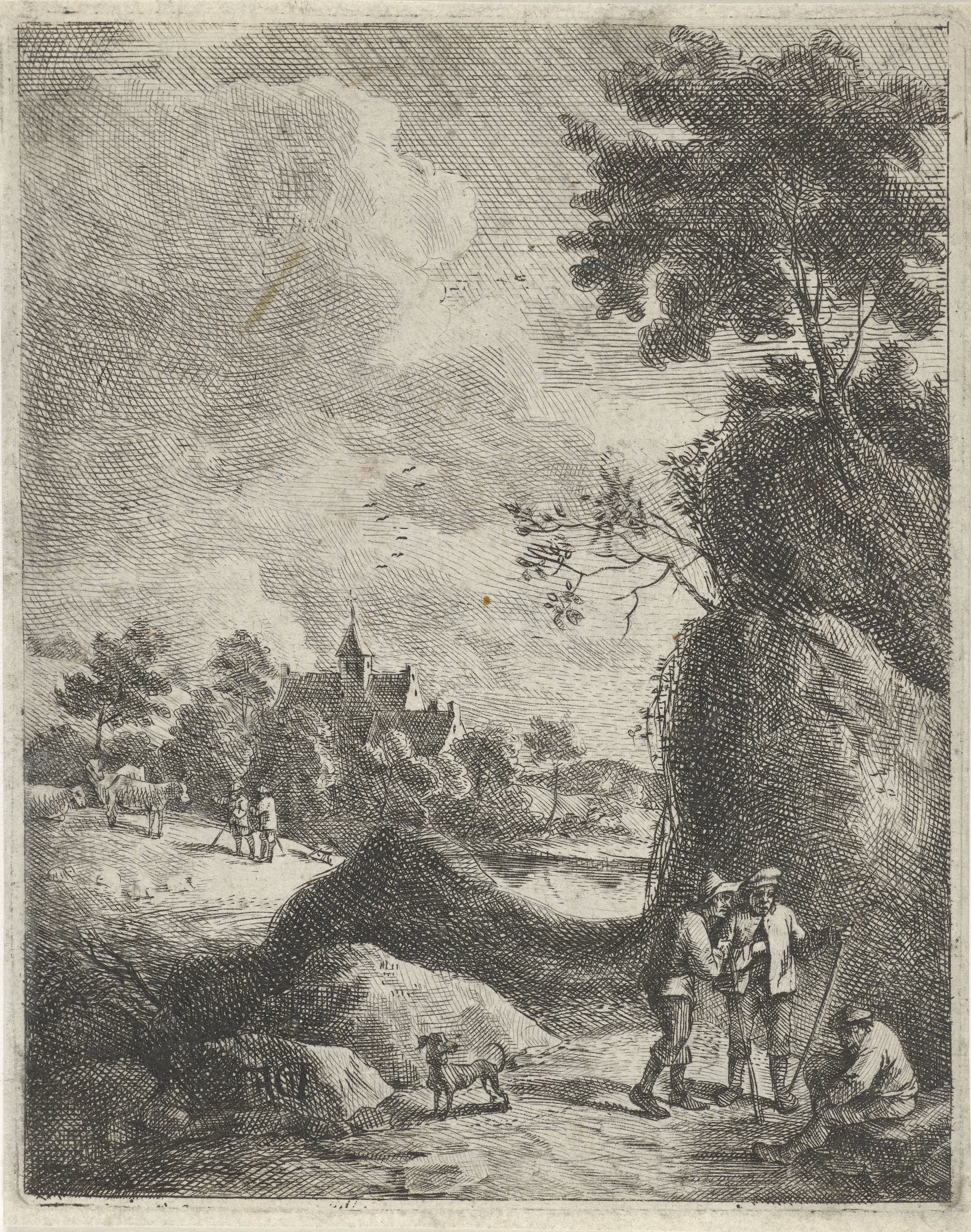 Landschap met reizigers en twee herders