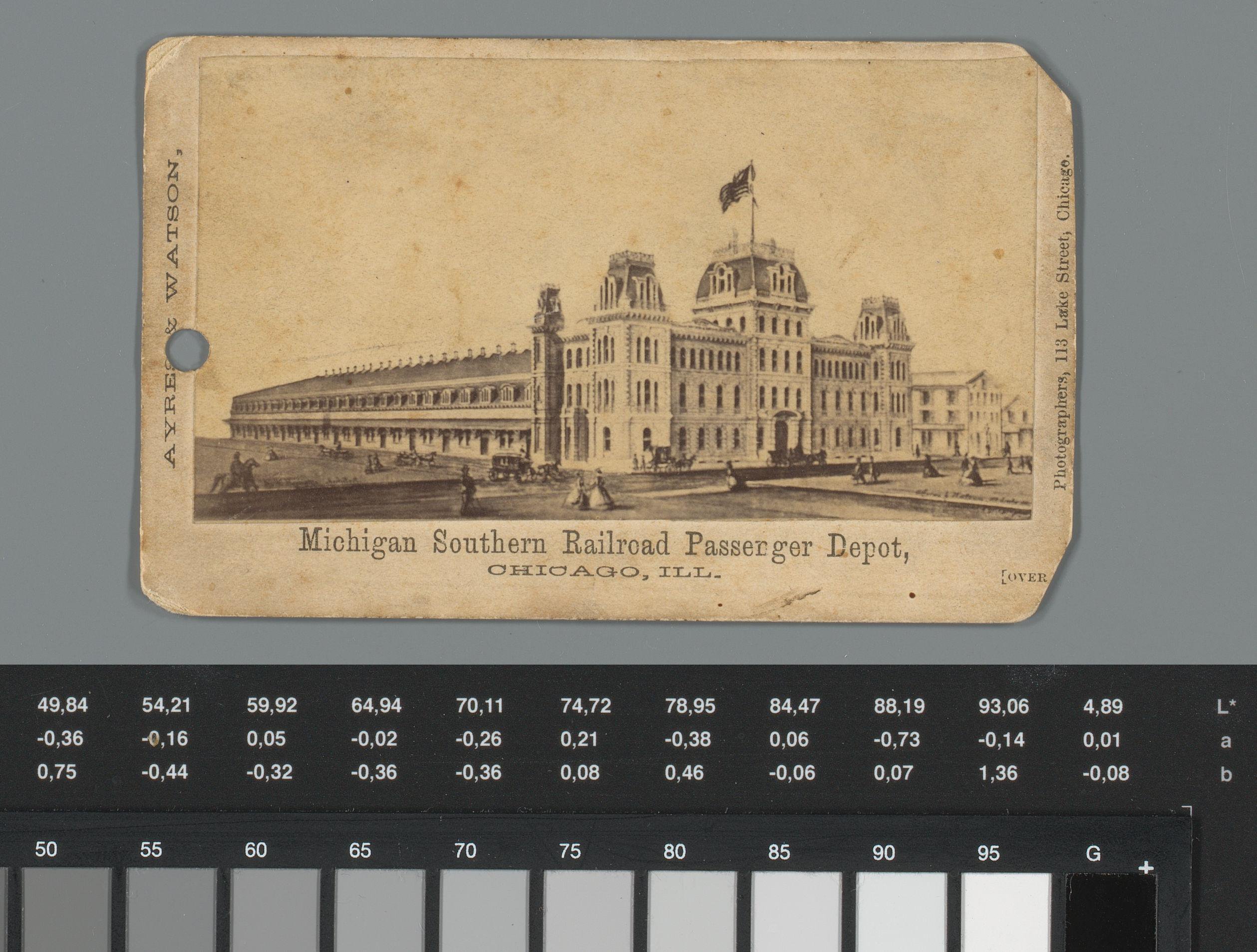 Reclame voor de Michigan Southern & Northern Indiana Railroad Line met gezicht op het passagiersdepot in Chicago, Illinois