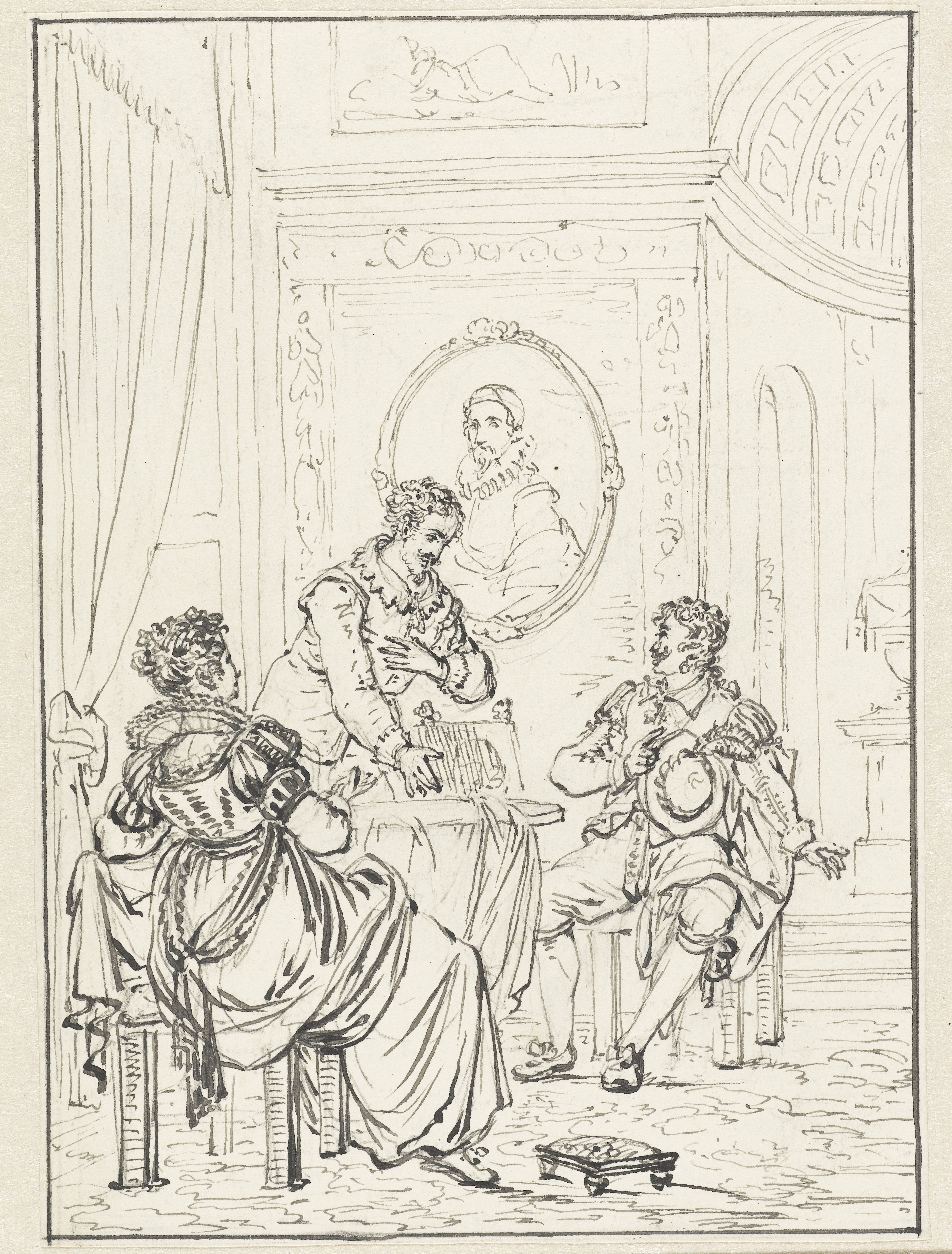 Historische scène met interieur met drie personen