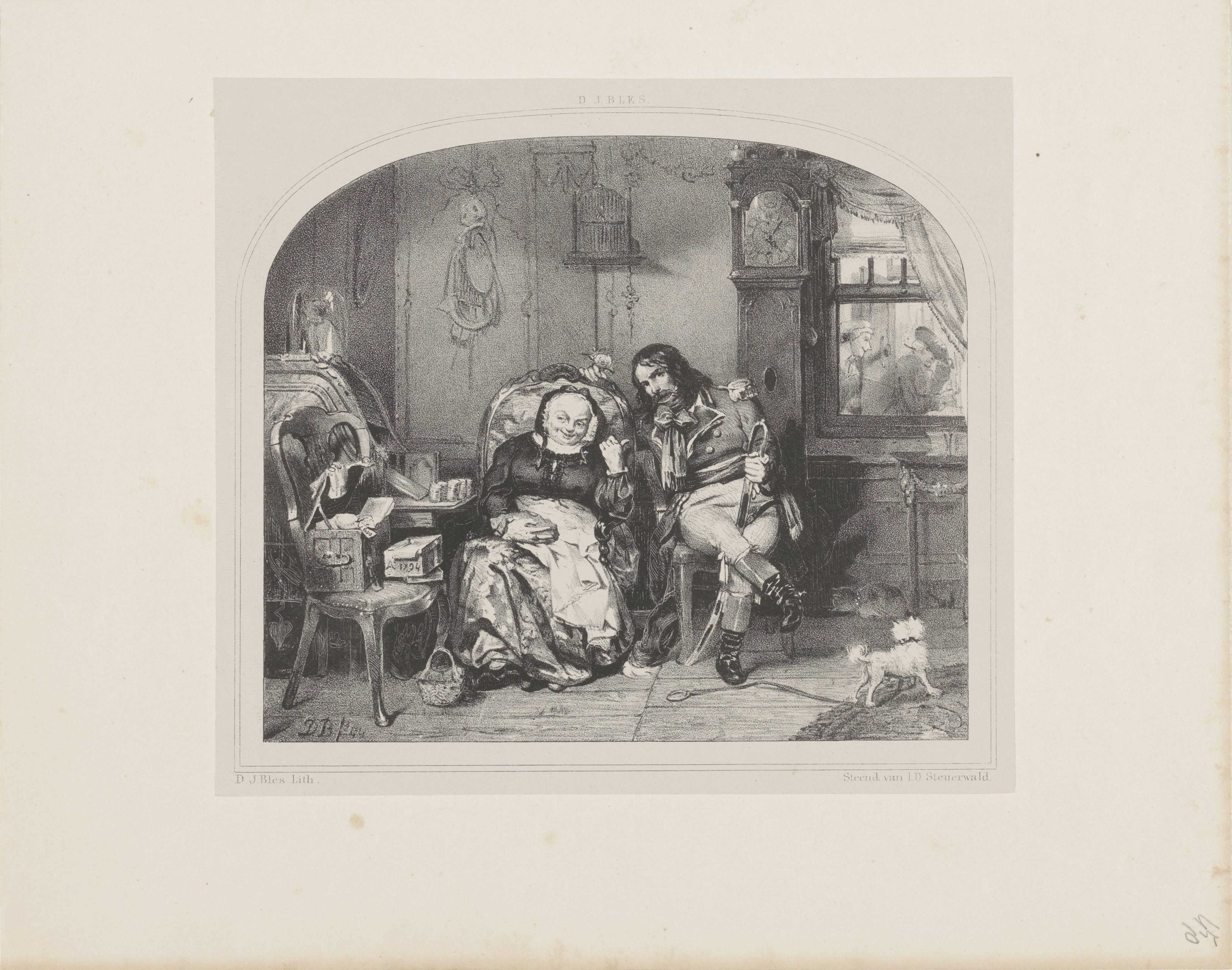 Interieur met soldaat en oude vrouw