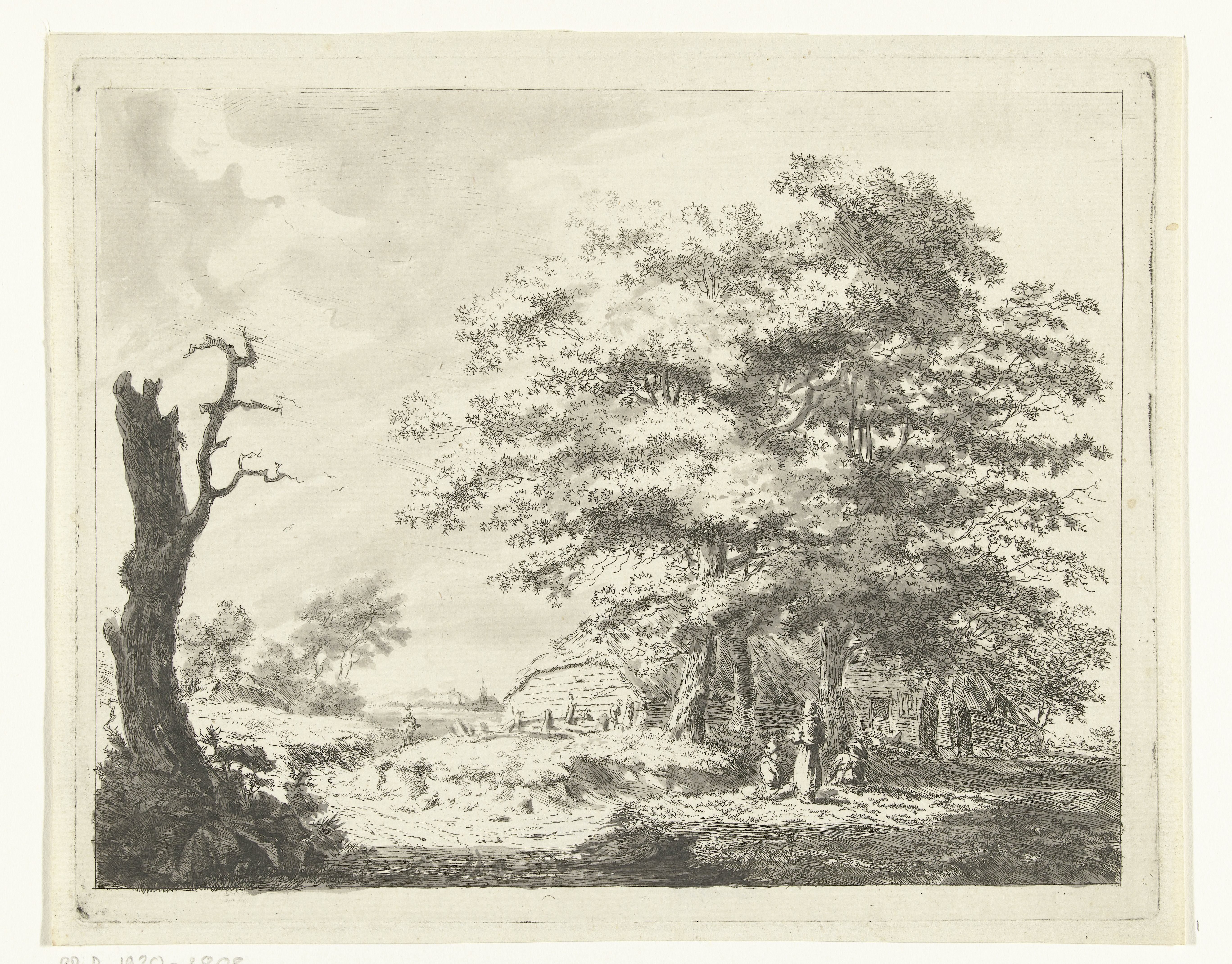 Landschap met boerderij en figuren onder bomen