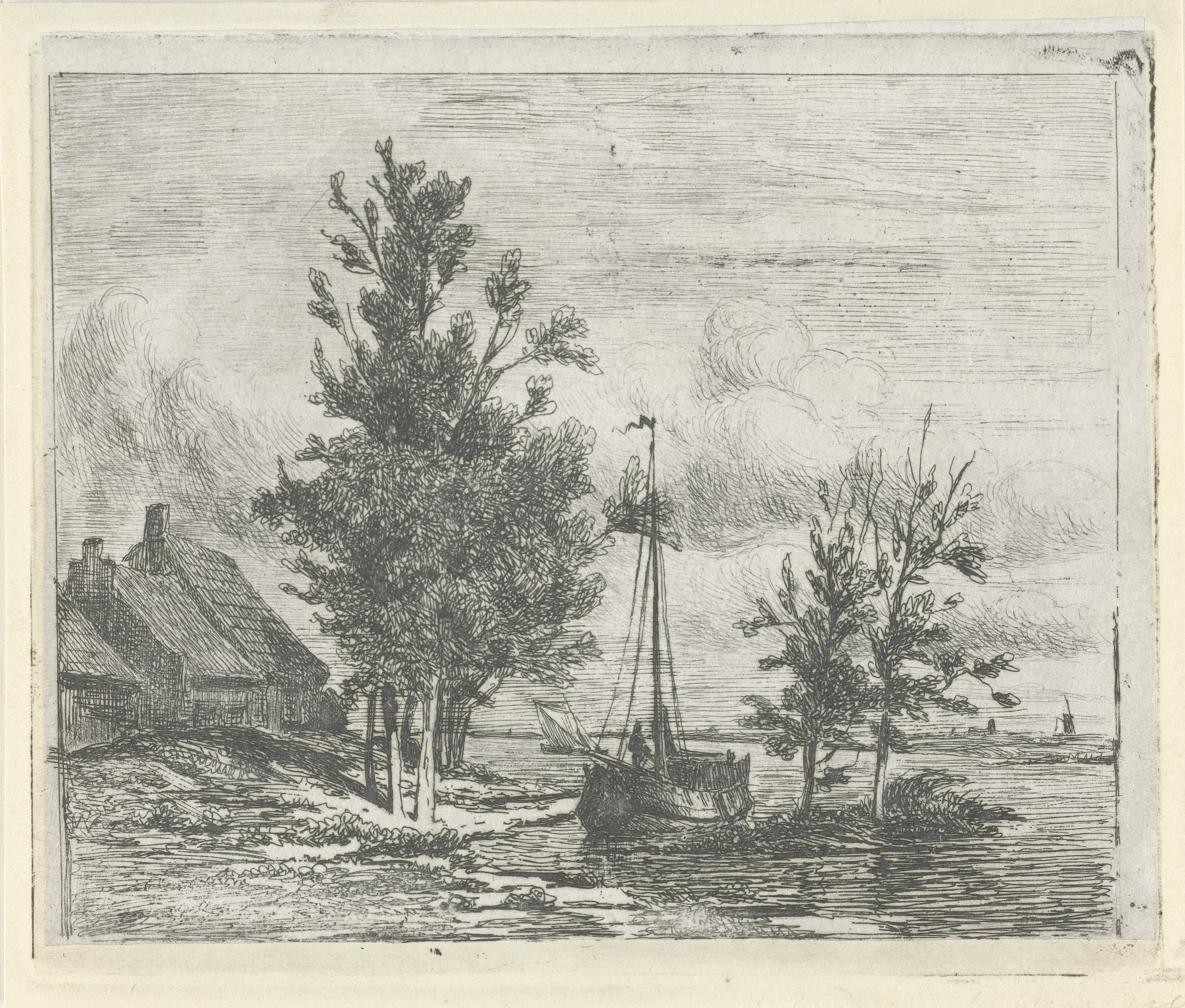 Rivierlandschap met zeilschip en boerderij