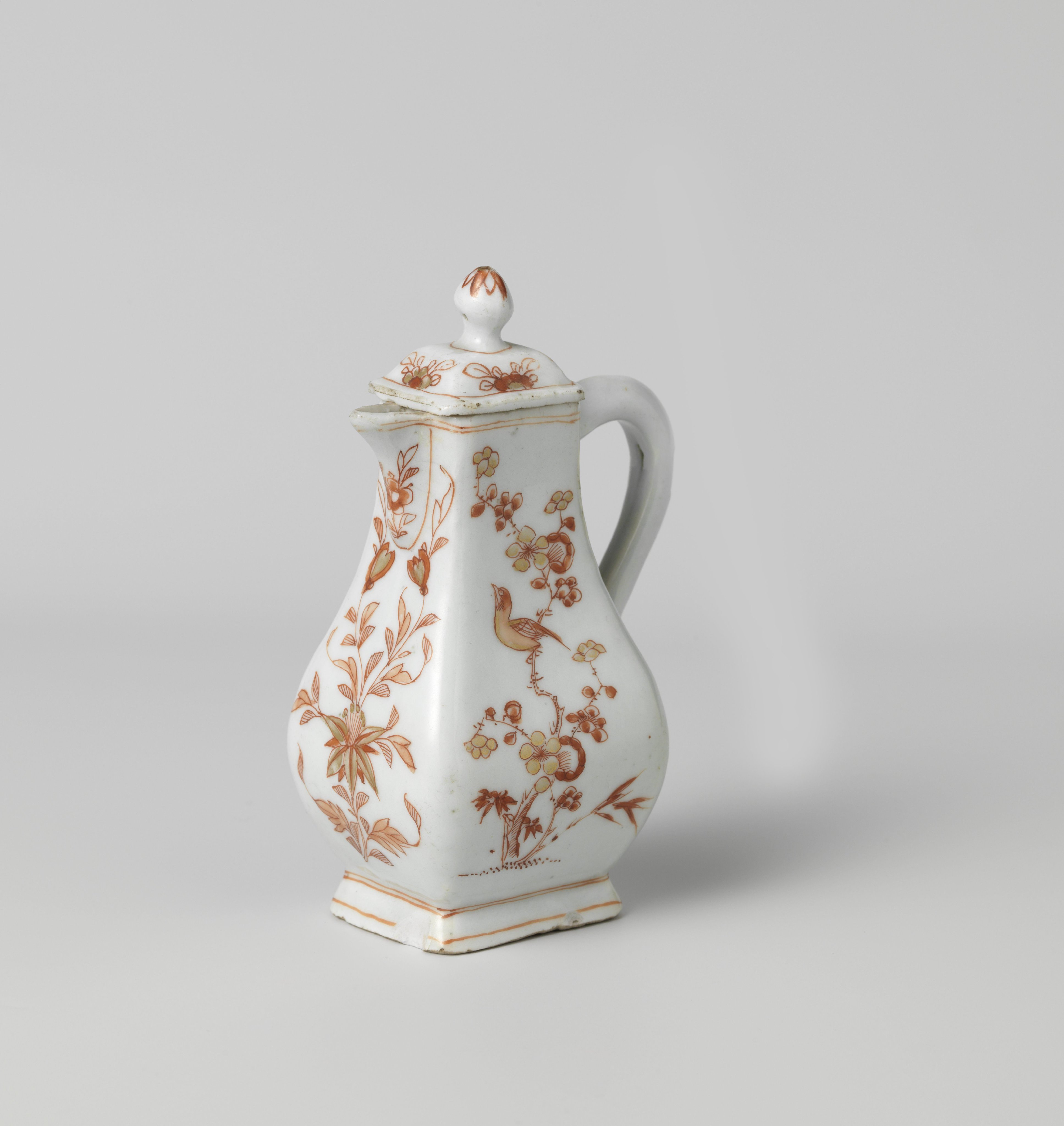Square pear-shaped milk jug with flower sprays, butterflies and birds