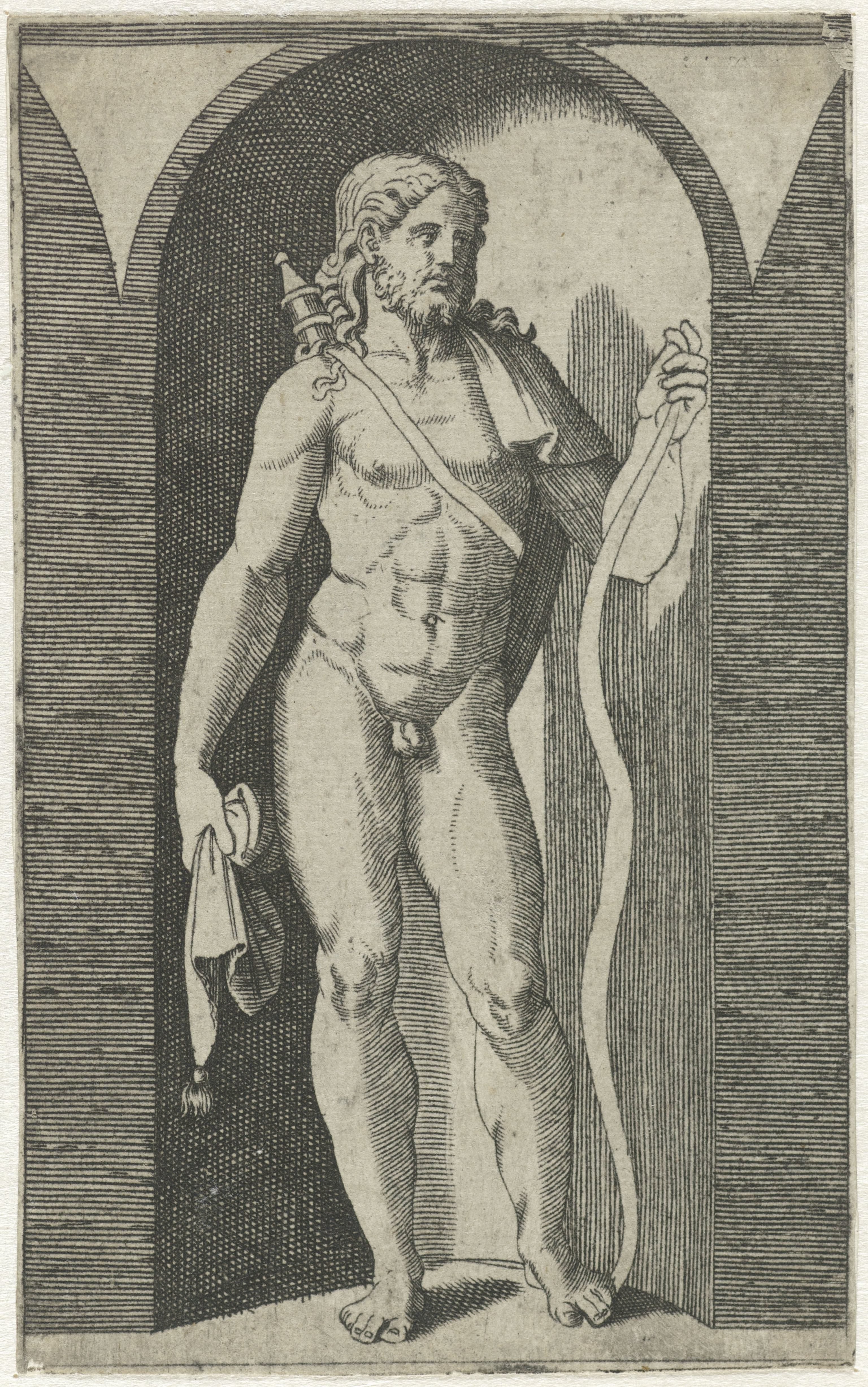 Apollo met pijlkoker en slang staand in nis