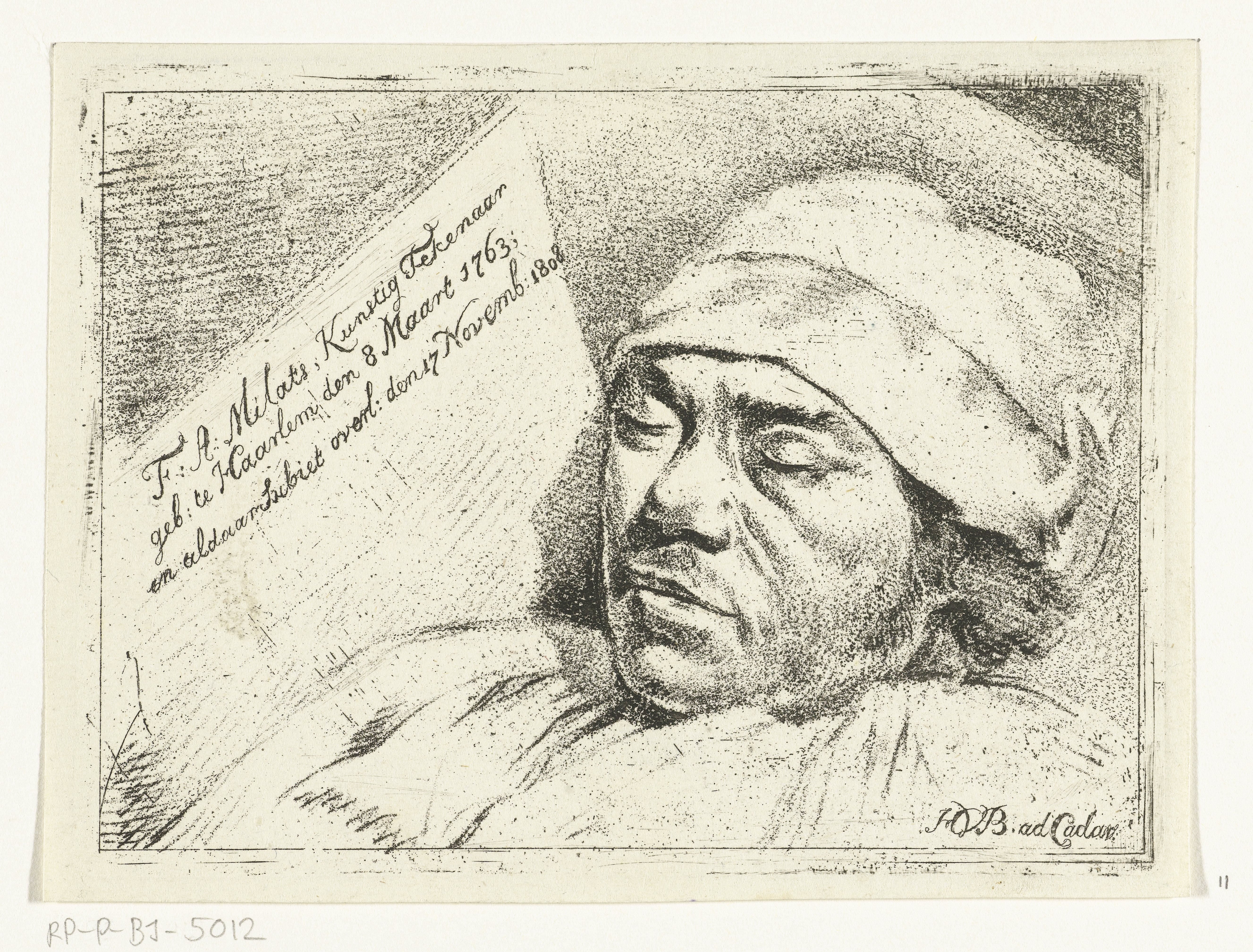 Portret van de schilder Franciscus Andreas Milatz op zijn doodsbed