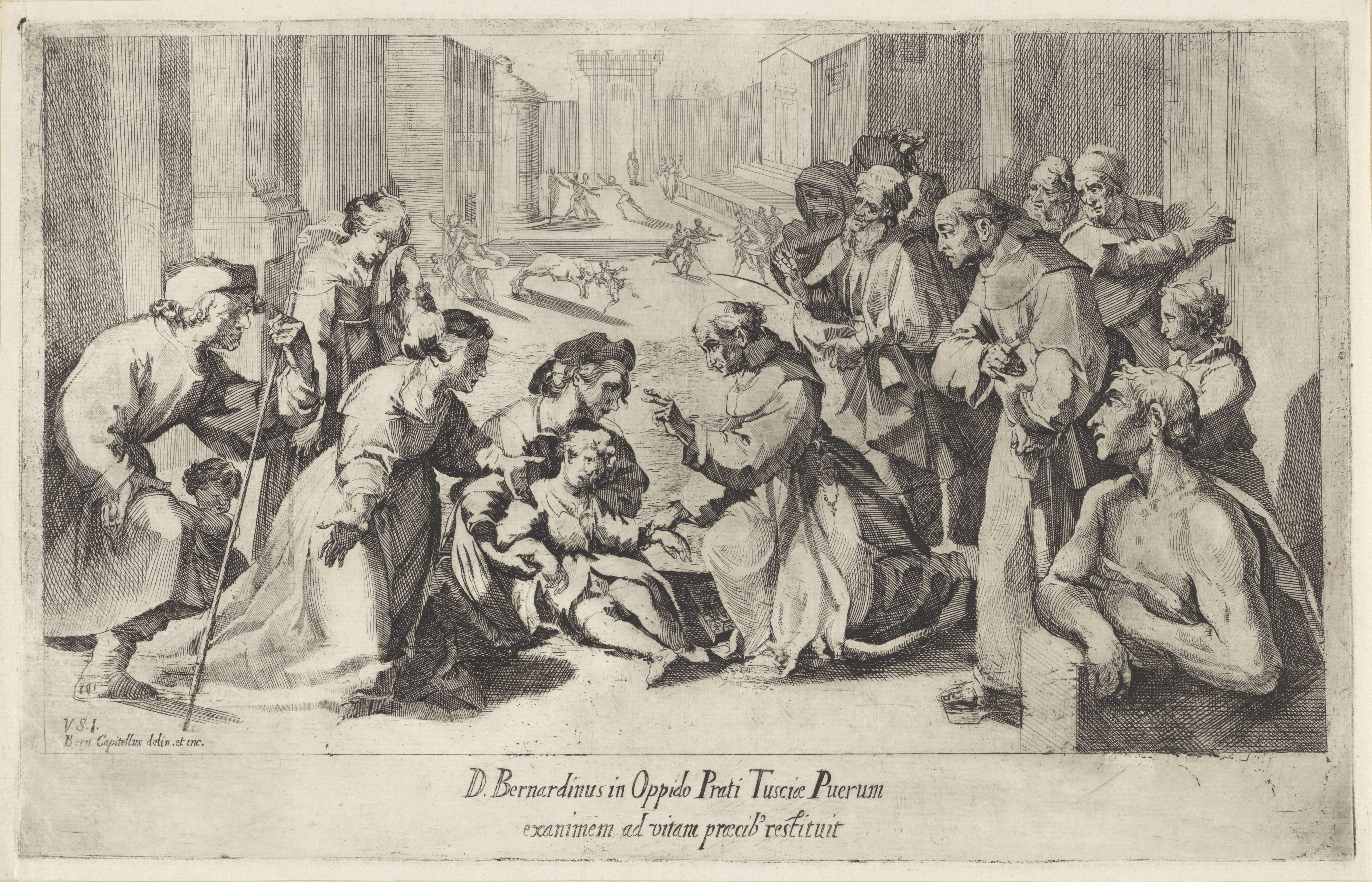 De heilige Bernardinus van Siena brengt een kind tot leven in Prato
