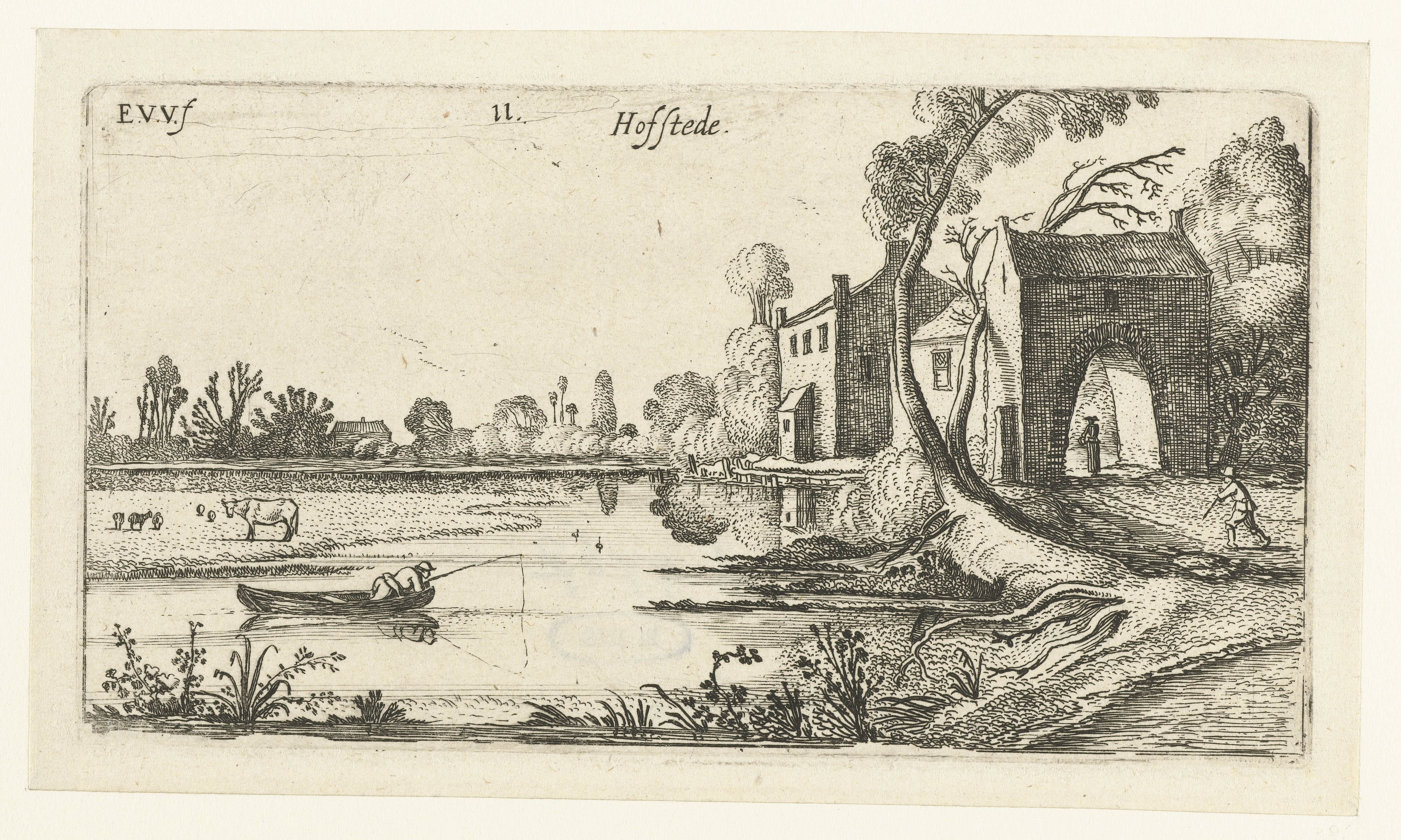 Landschap met een rivier en poortgebouw