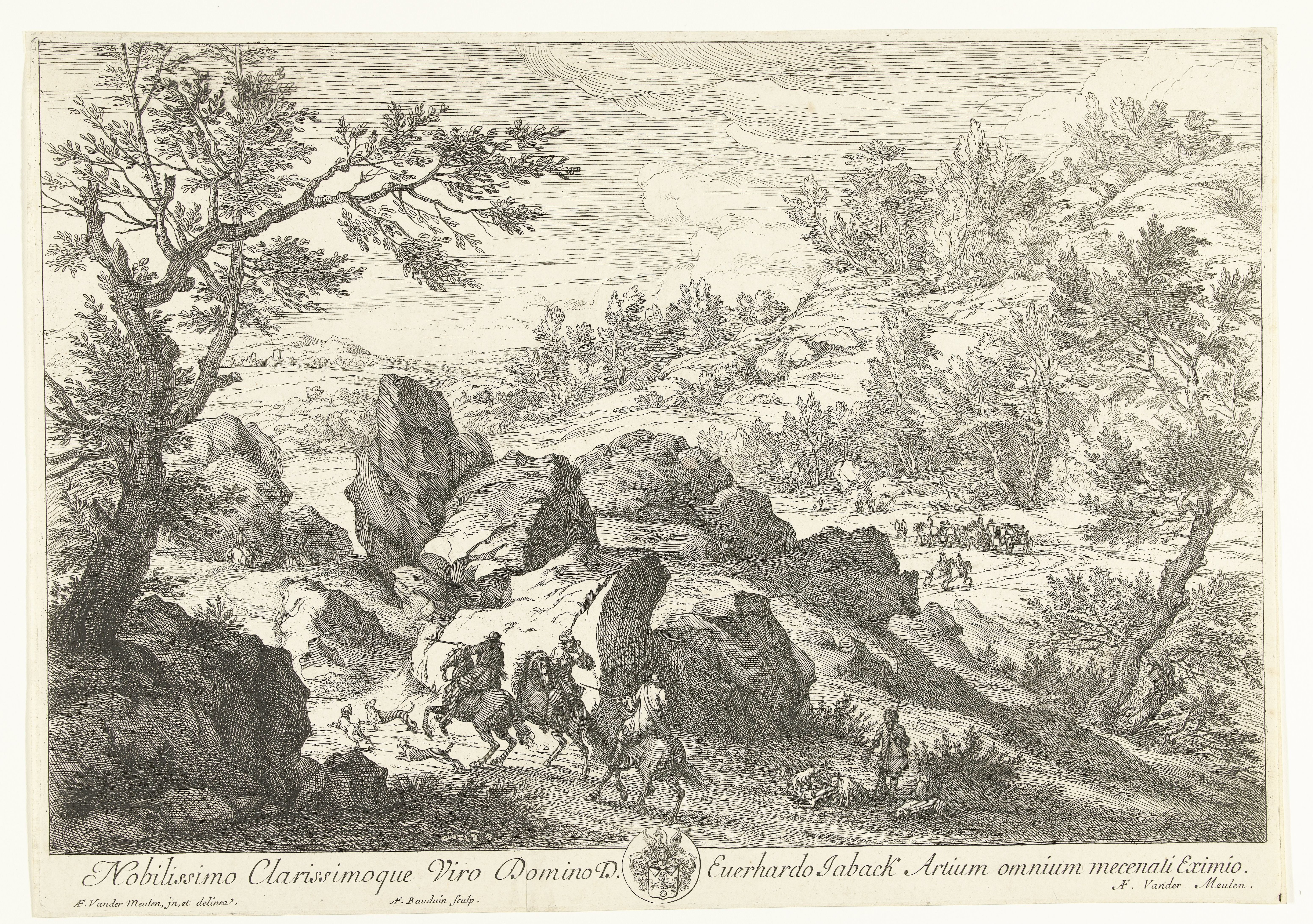 Landschap met ruiters bij rotspartij