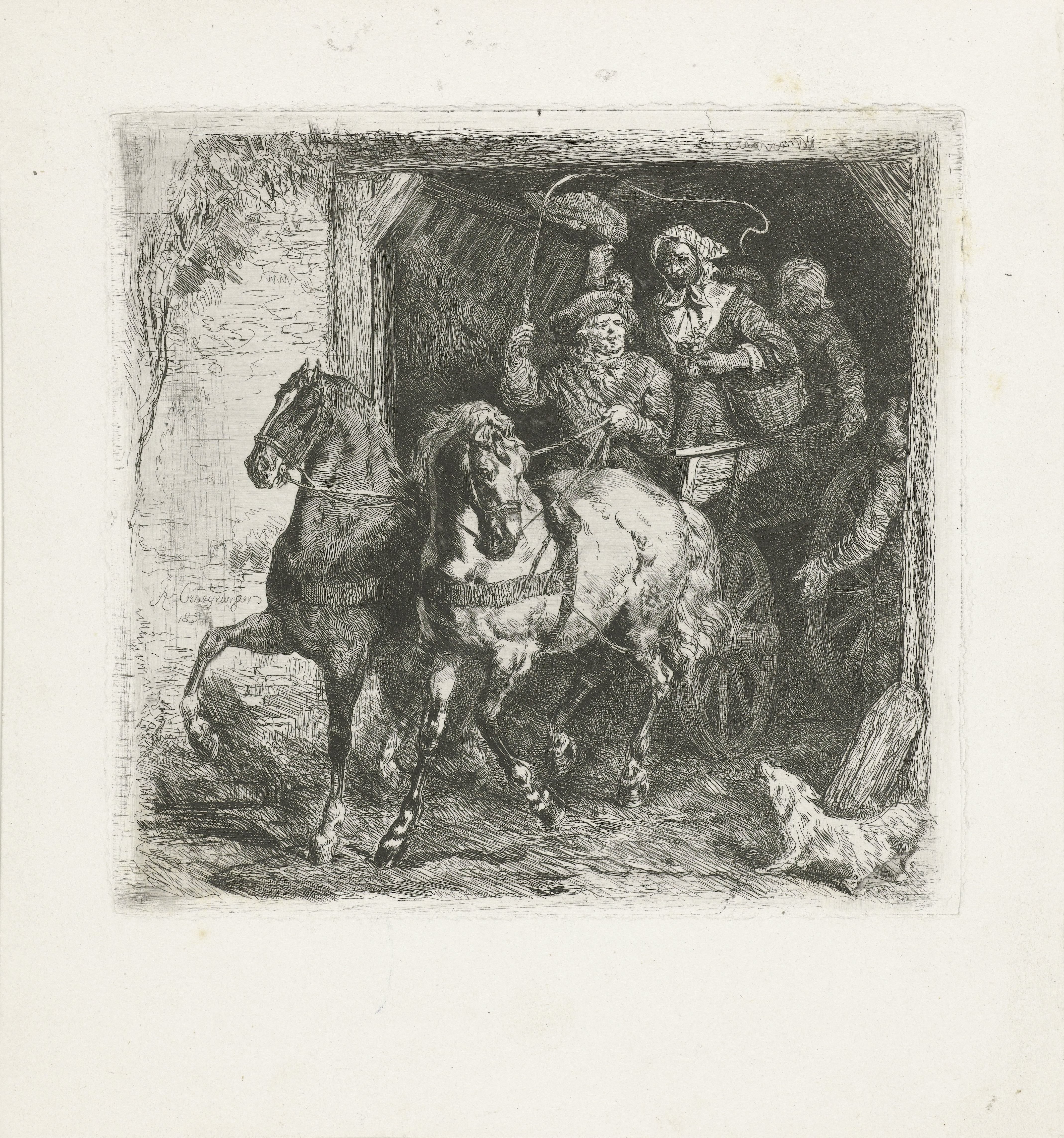 Uitrijdende wagen met boeren