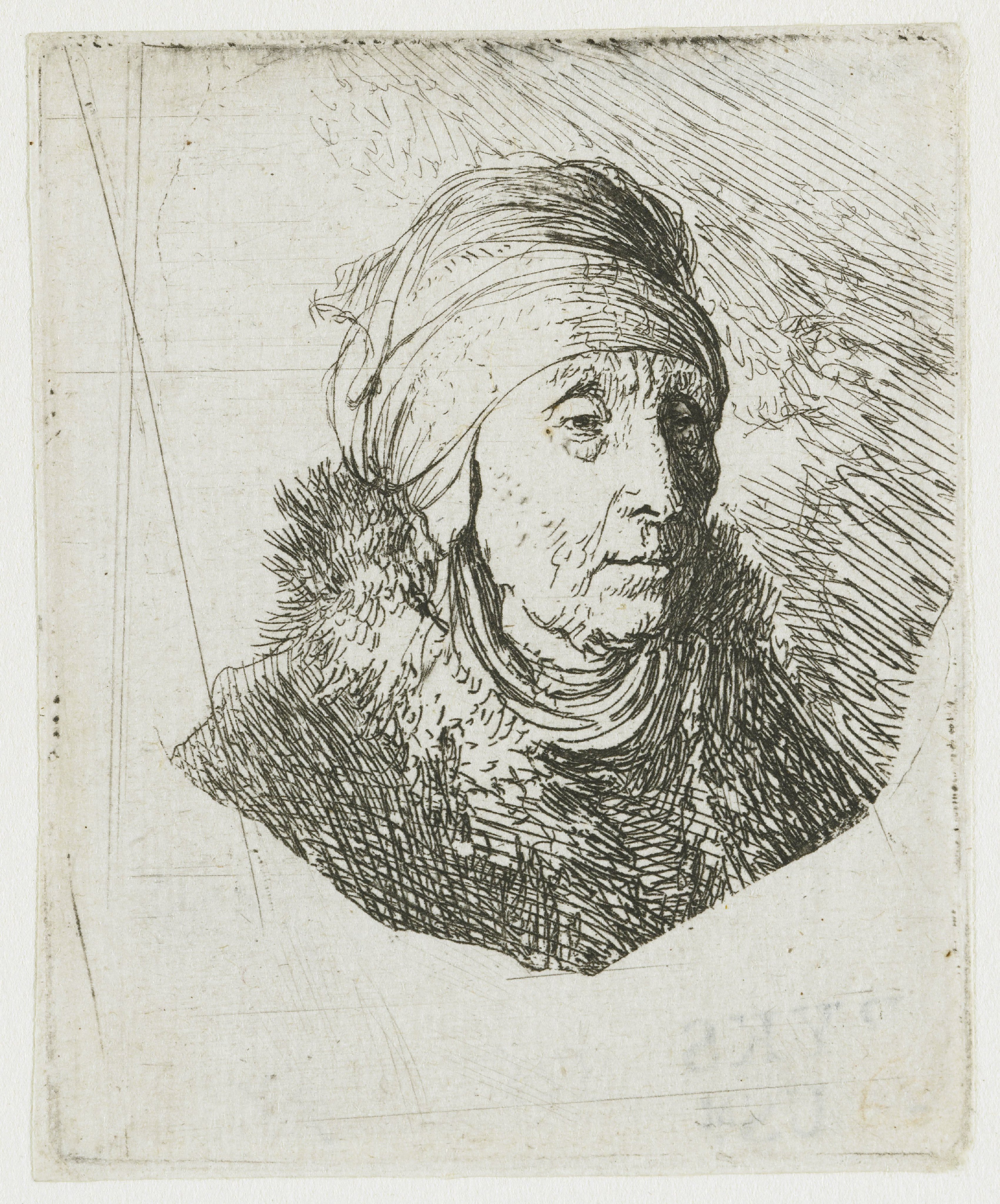 Woman with a high headdress wrapped around the chin: bust